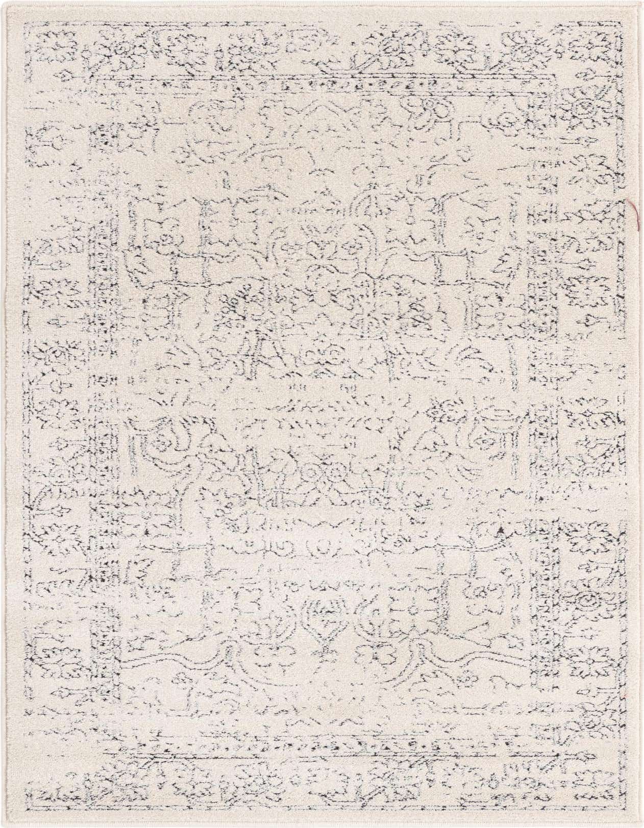 A 3x5 rectangular white area rug with a distressed black traditional medallion and border pattern, featuring a high/low textured pile.