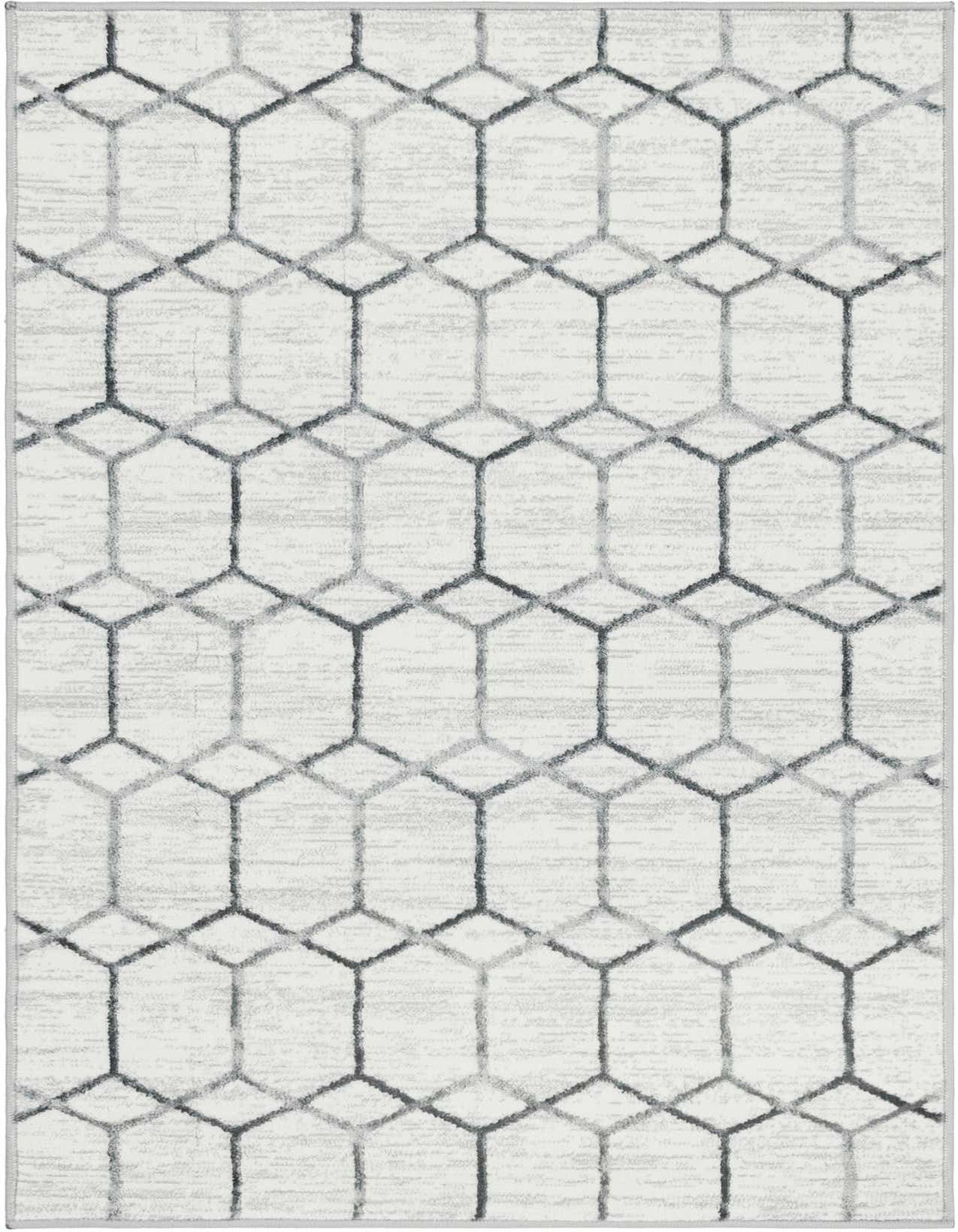A 3x5 rectangular white area rug with a subtle gray trellis pattern, featuring a textured pile.
