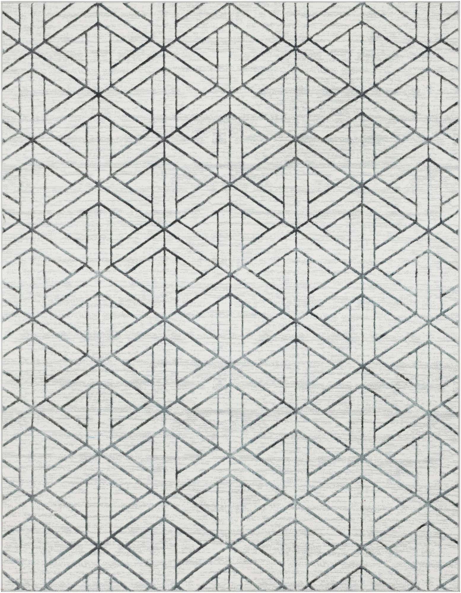 A rectangular 8x10 white area rug with a dark gray geometric trellis pattern, suitable for a living room.
