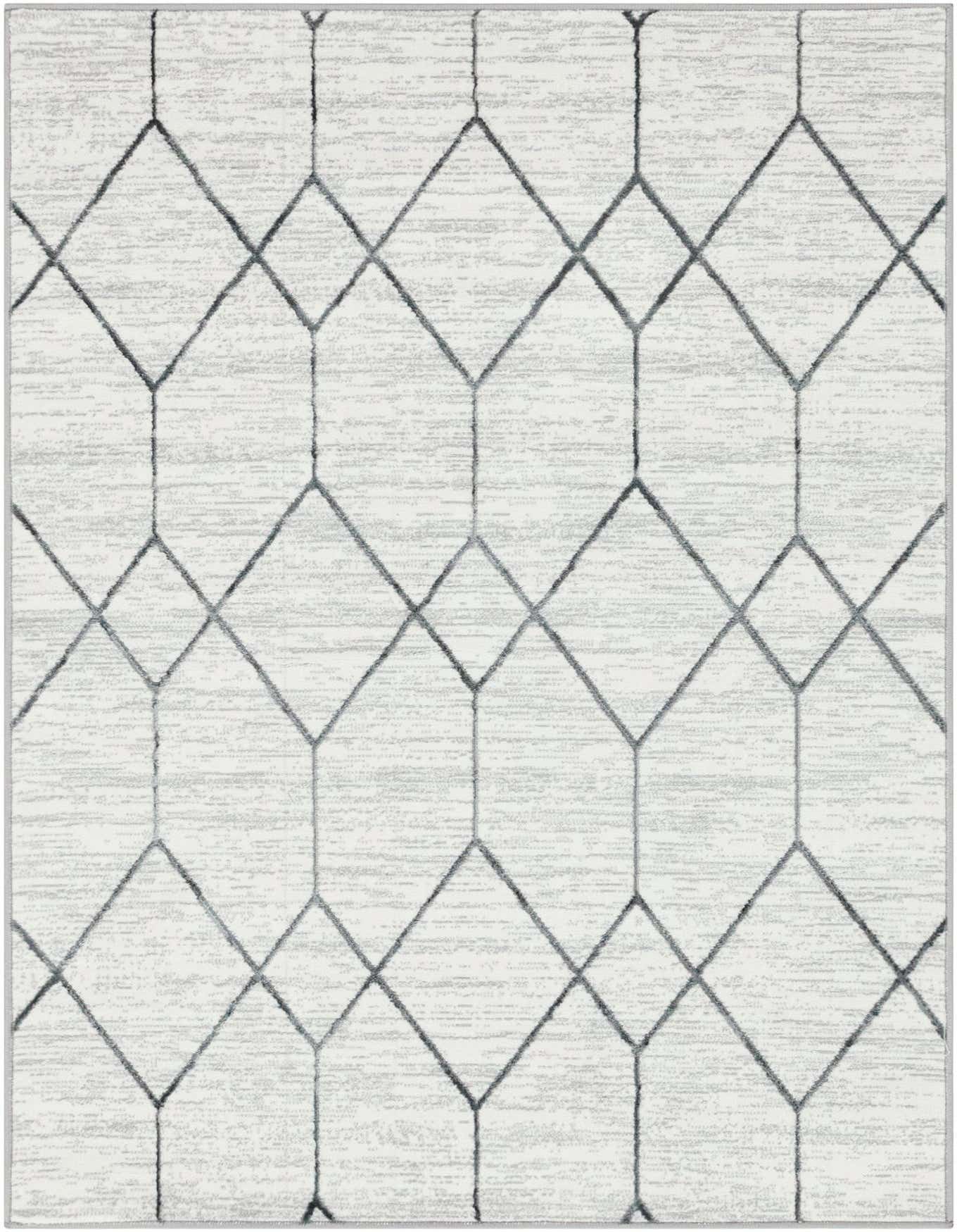 A 4x6 rectangular white area rug with a subtle gray geometric trellis pattern, ideal for a living room or office.