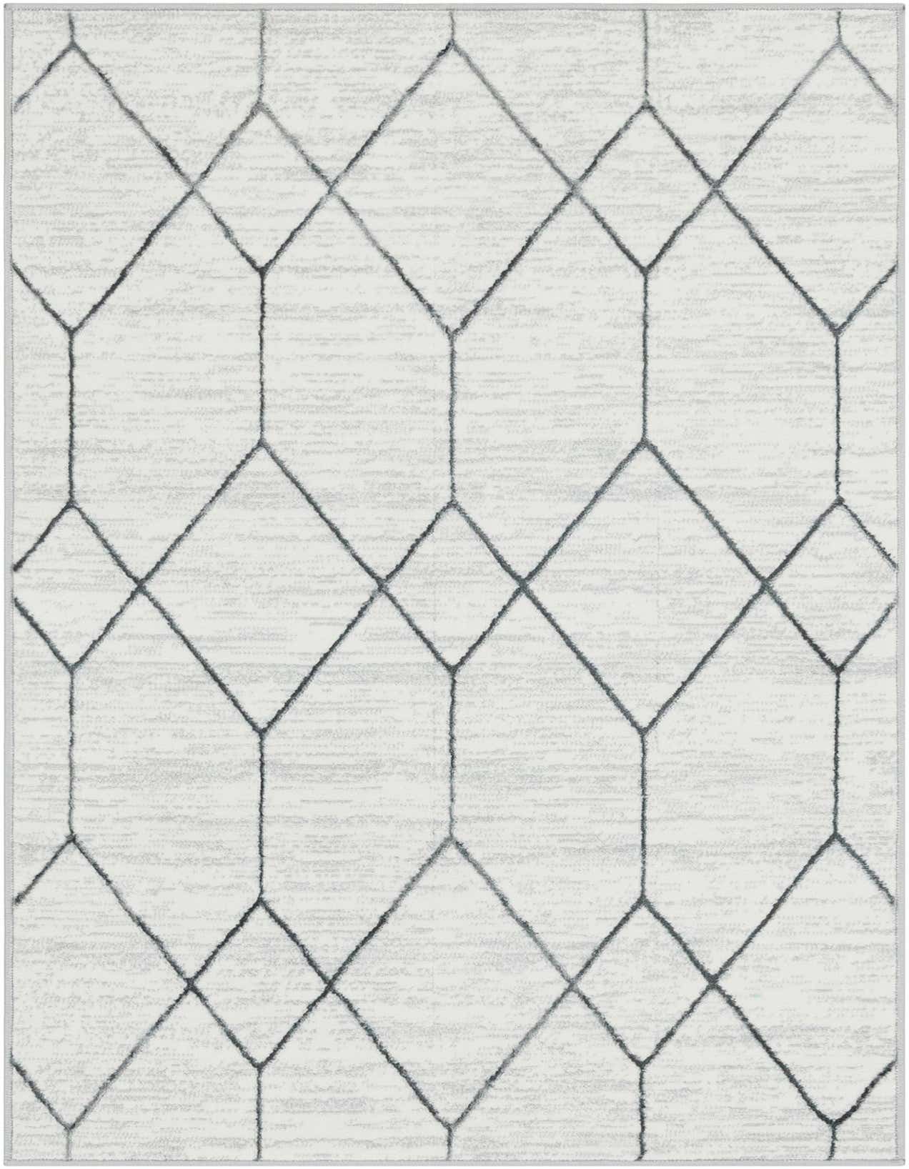 A 3x5 rectangular white area rug with a subtle gray trellis pattern, featuring a textured pile.