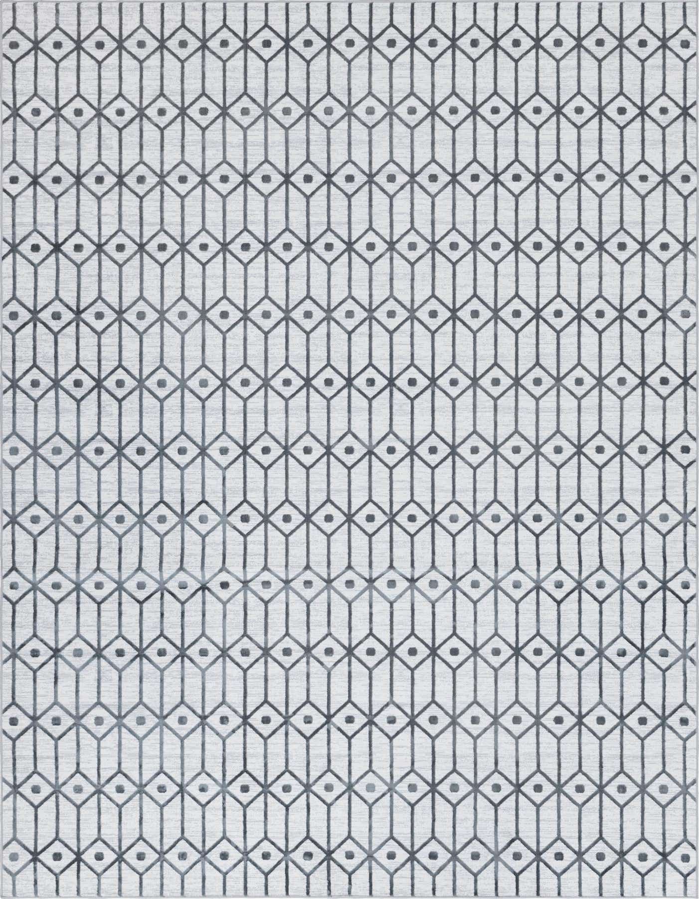 A 10x14 rectangular white area rug featuring a repeating dark gray trellis pattern with small dots, offering a textured feel.
