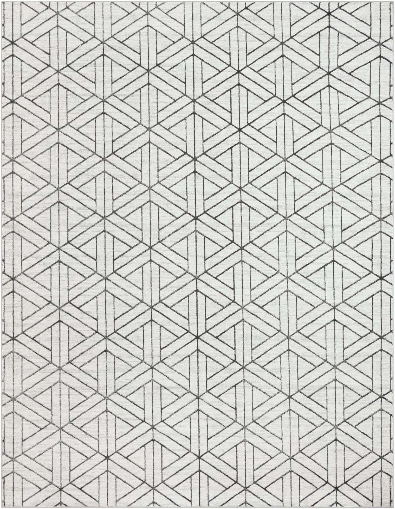 A 10x13 rectangular white modern area rug with a repeating black geometric lattice trellis pattern.