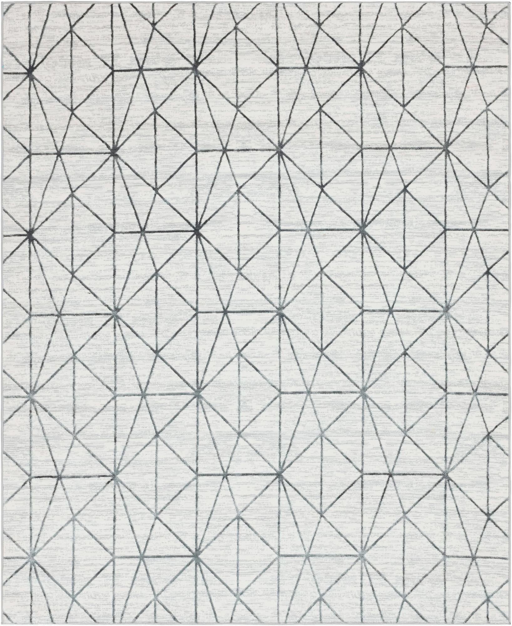 A rectangular 8x10 white area rug with a modern geometric trellis pattern in dark gray lines, suitable for a living room.