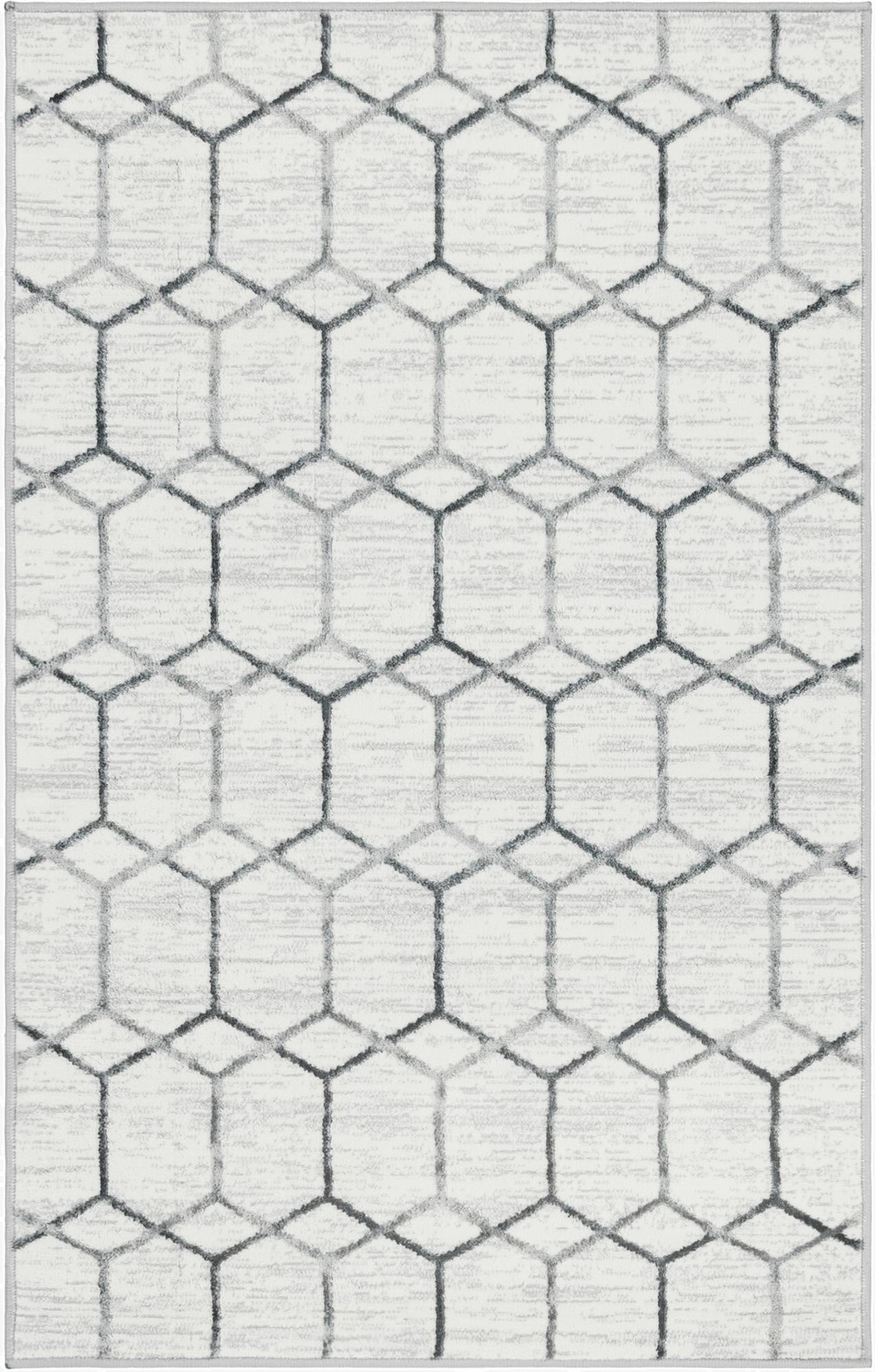 A 3x5 rectangular white area rug with a subtle gray trellis pattern, featuring a textured pile.
