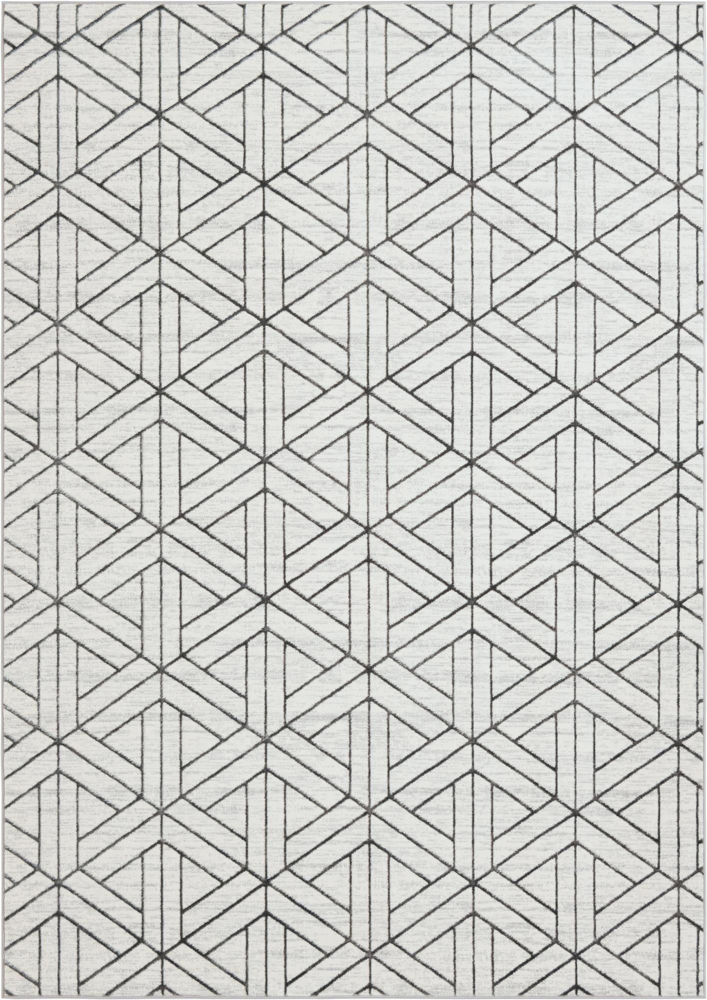 A rectangular 8x11 white modern area rug with a repeating black geometric lattice trellis pattern.