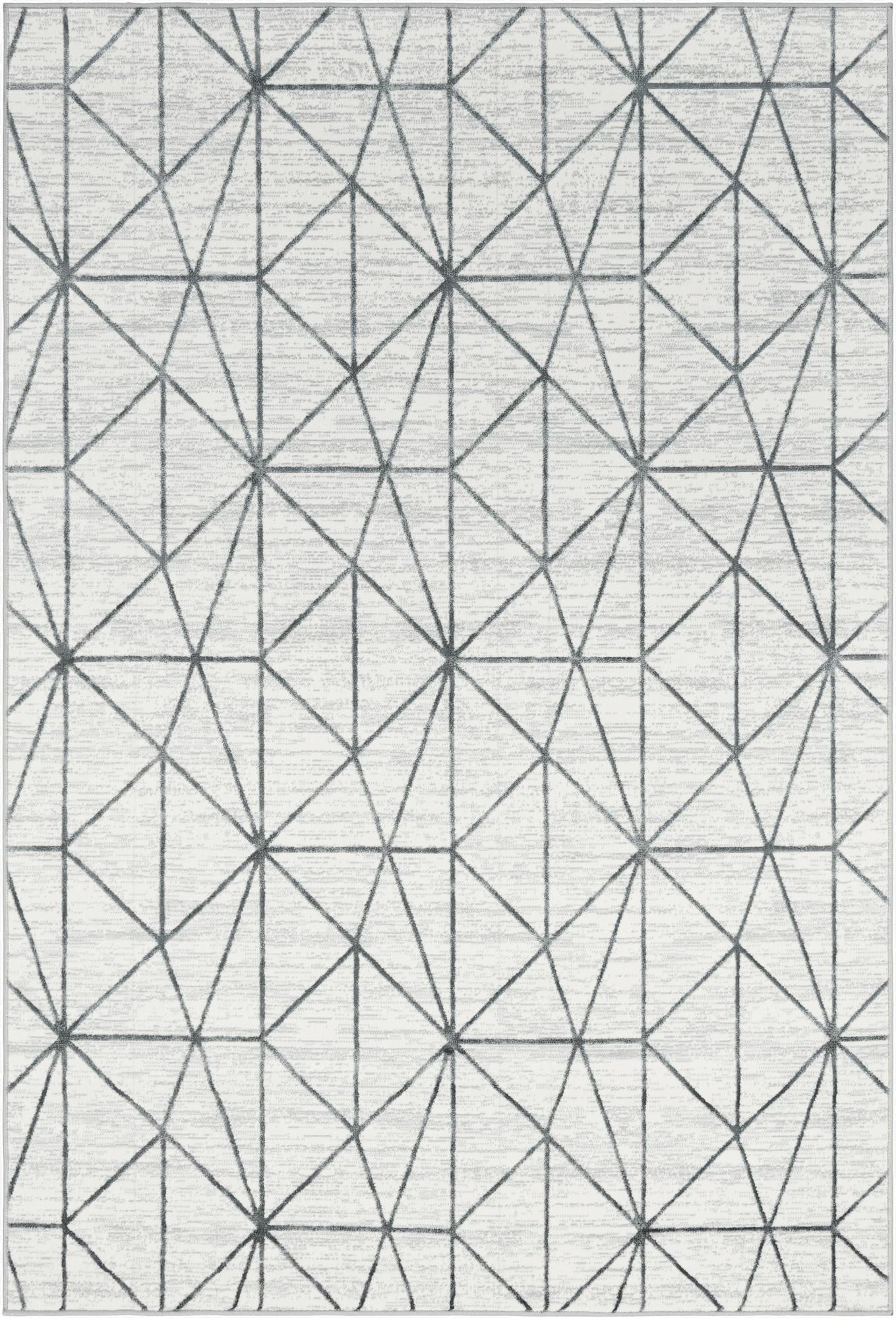 A 6x9 rectangular white area rug featuring a subtle gray geometric trellis pattern, ideal for a living room.