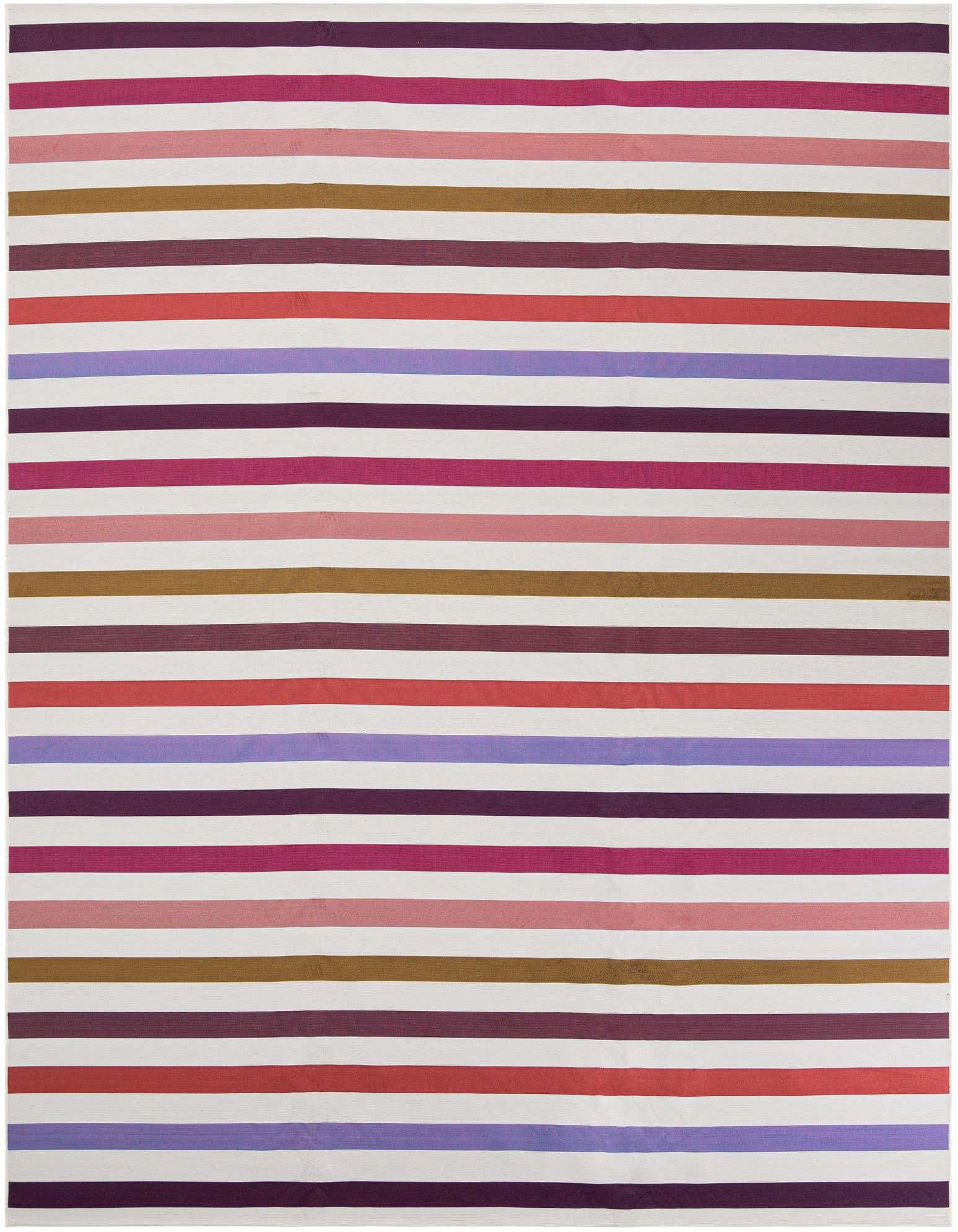 A 10x13 rectangular indoor/outdoor rug featuring modern stripes in white, various shades of pink, purple, red, and olive green.