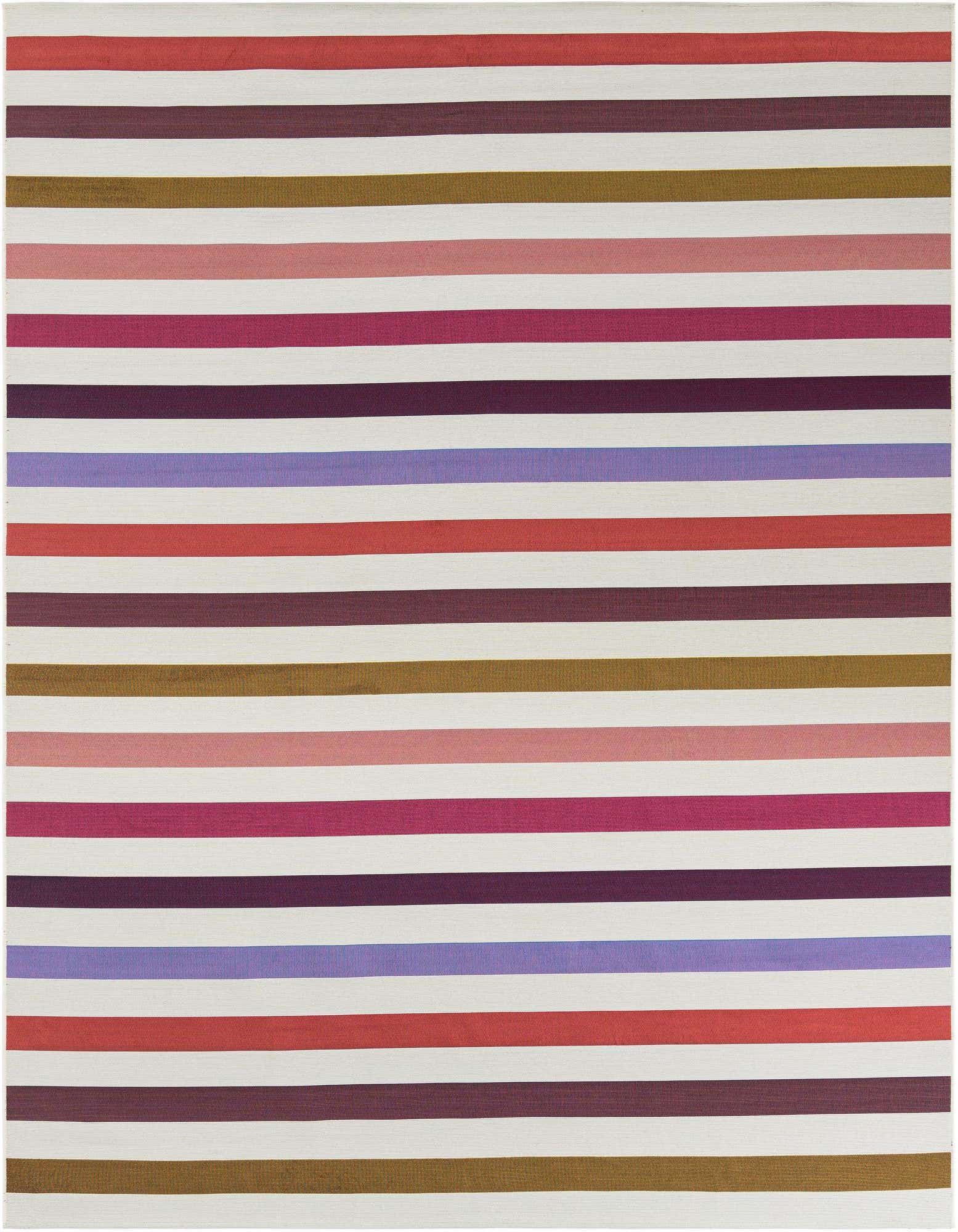 A rectangular 8x10 modern stripe rug featuring white, red, pink, purple, and olive green horizontal bands.