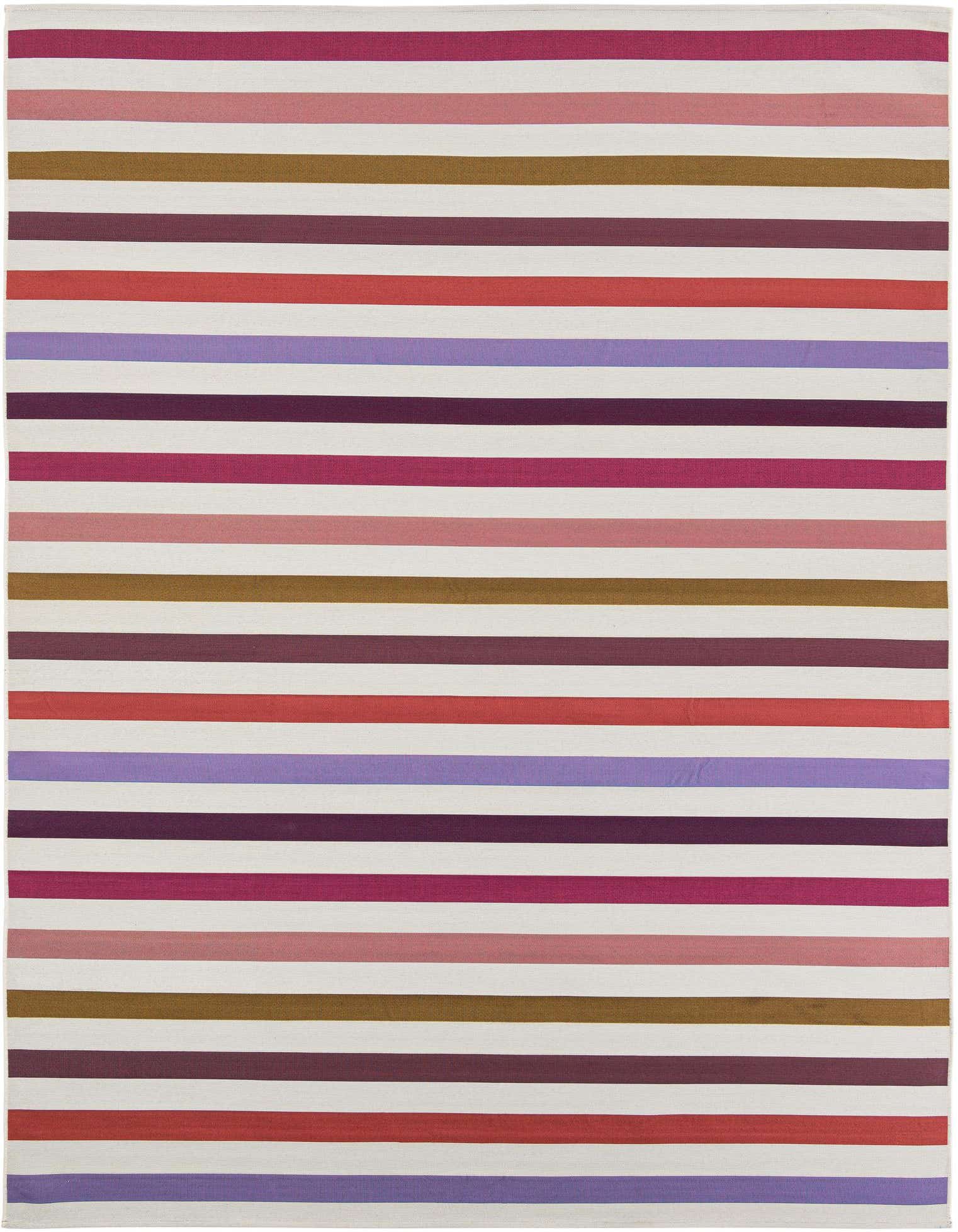 A 9x12 rectangular rug featuring modern horizontal stripes in various shades of white, pink, red, purple, and brown, ideal for indoor or outdoor spaces.