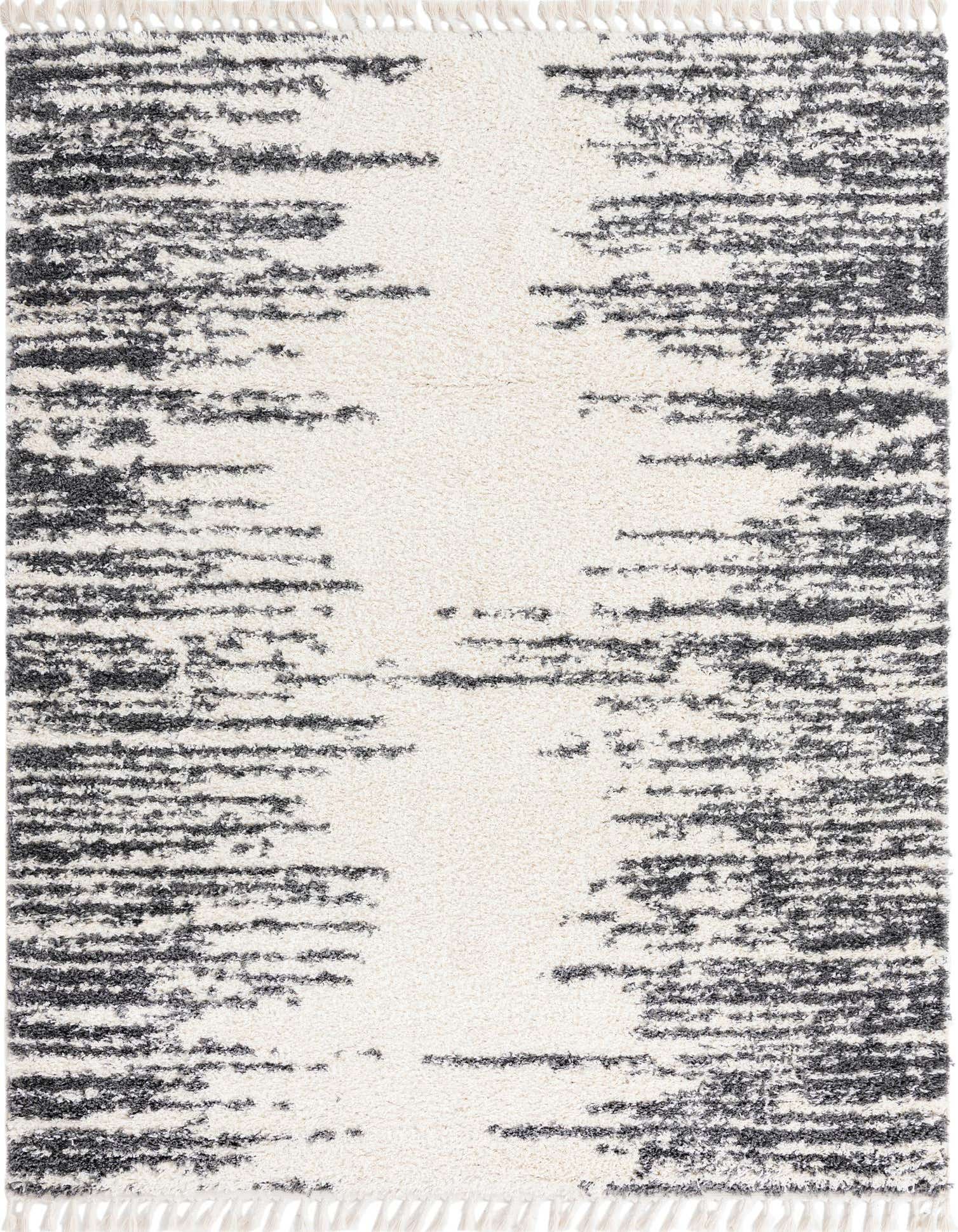 A rectangular 8x10 white shag rug with a modern, abstract pattern of horizontal charcoal grey lines and white fringes.