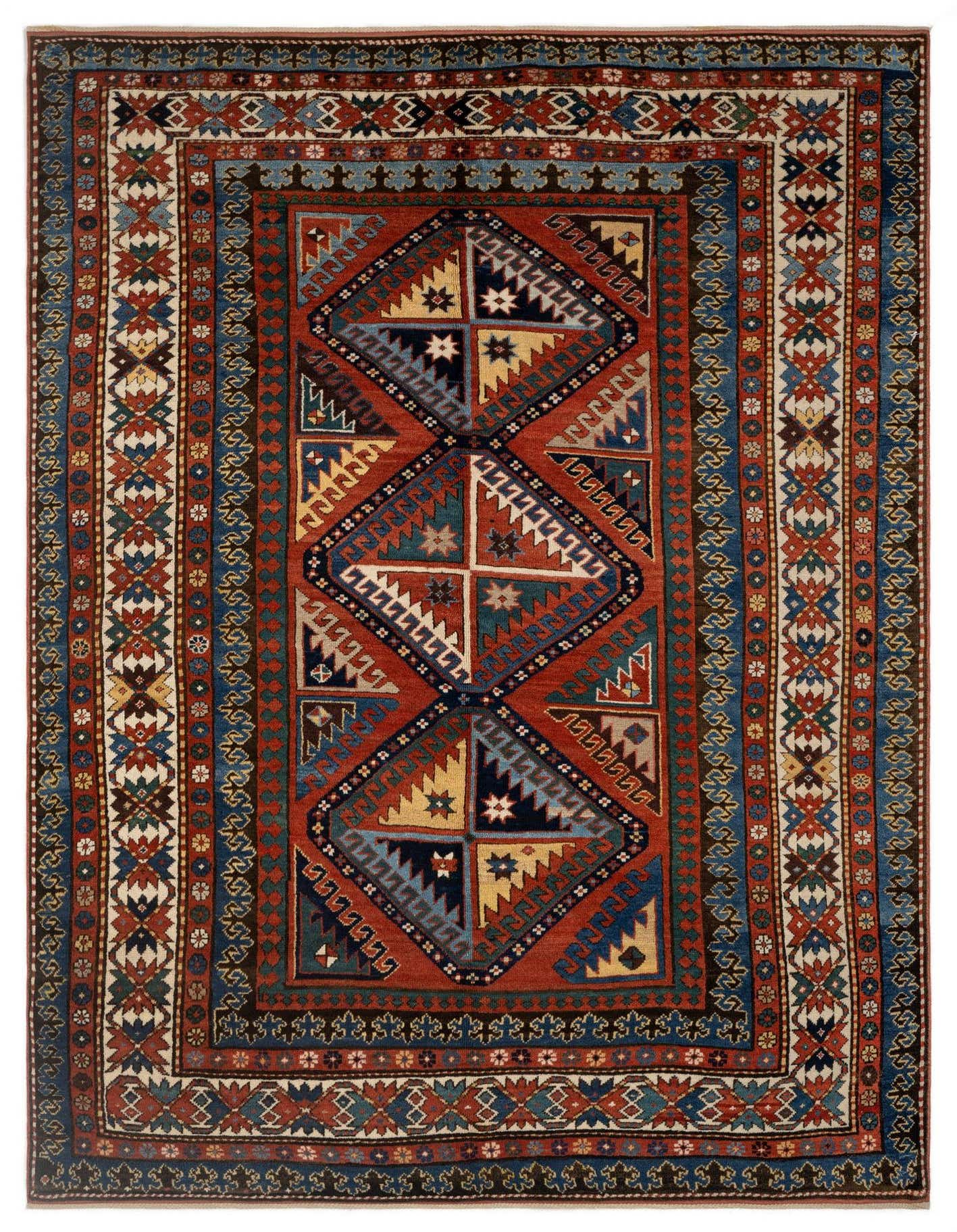 A 5x8 rectangular Persian rug with a central red field and a complex geometric pattern in white, blue, and gold.