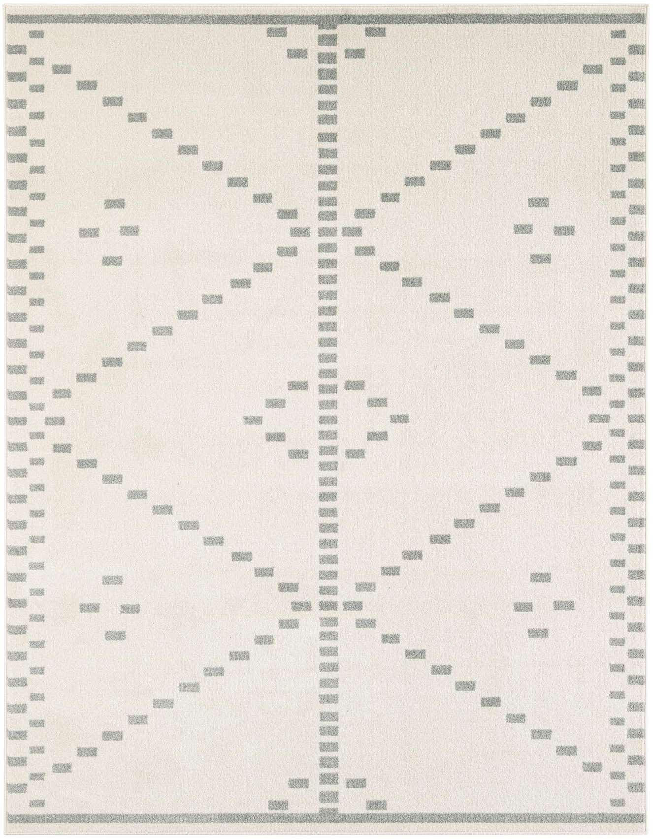 A 5x8 rectangular white area rug with a modern abstract pattern of light gray dashed lines forming geometric shapes.