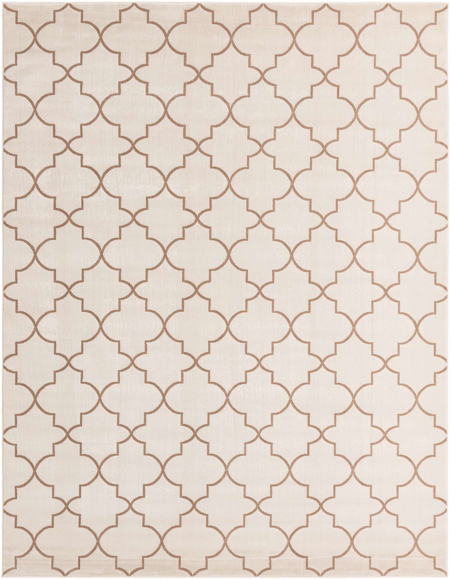 An 8x10 rectangular white area rug featuring a repeating modern quatrefoil pattern in light brown.