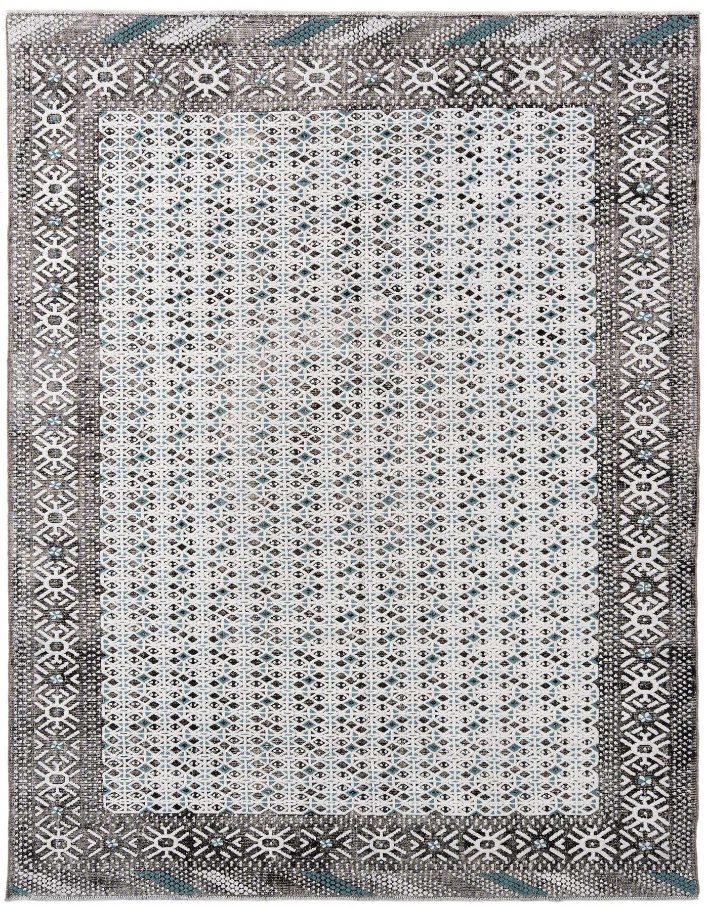 A 6x9 rectangular wool area rug featuring a distressed white and gray geometric pattern with subtle blue accents, perfect for a living room.