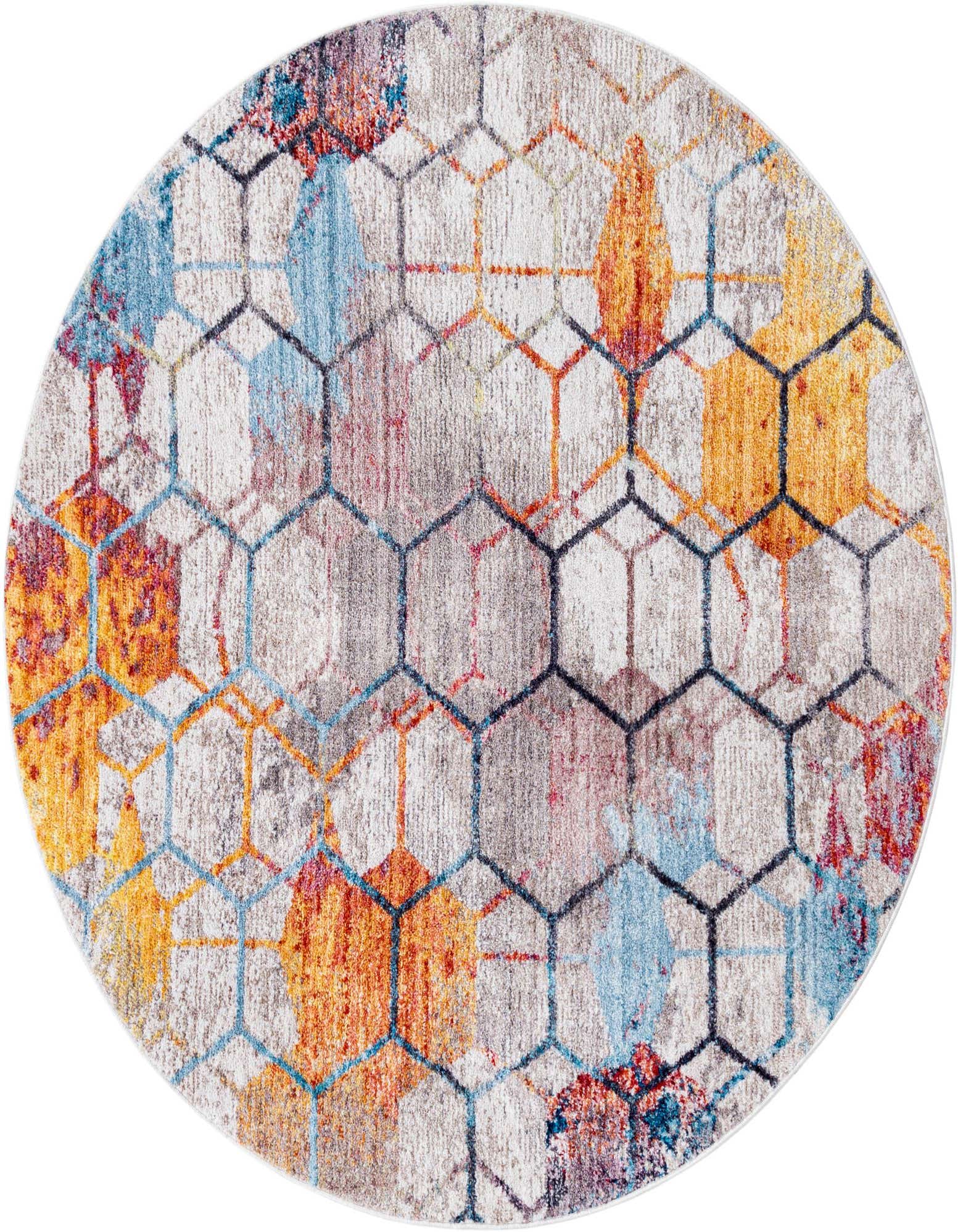 A 5' 3 round modern abstract rug with a white base, featuring a colorful honeycomb pattern in blue, orange, and red.