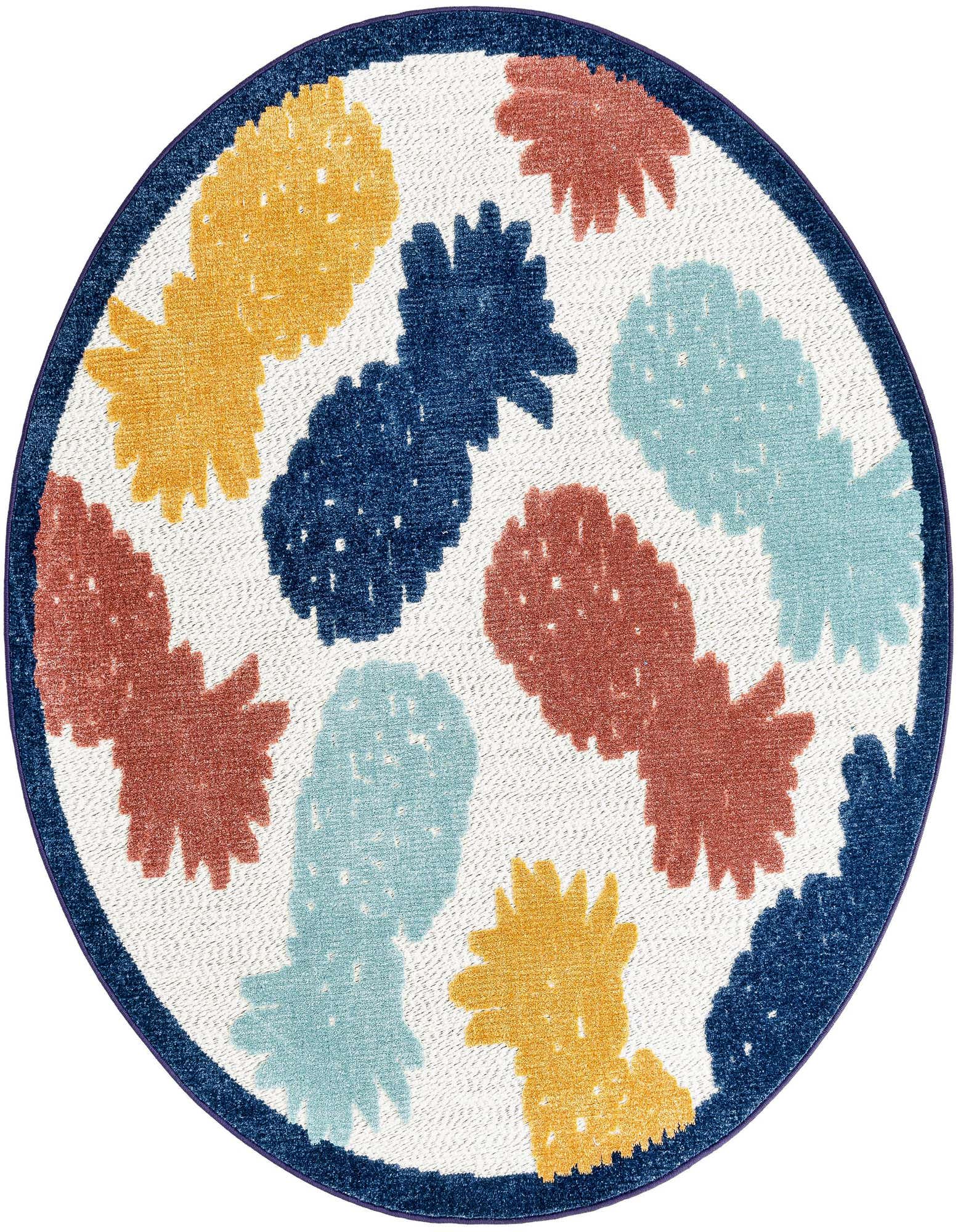 A round white rug with a vibrant pattern of blue, yellow, and coral pineapples and a dark blue border, suitable for indoor or outdoor use.
