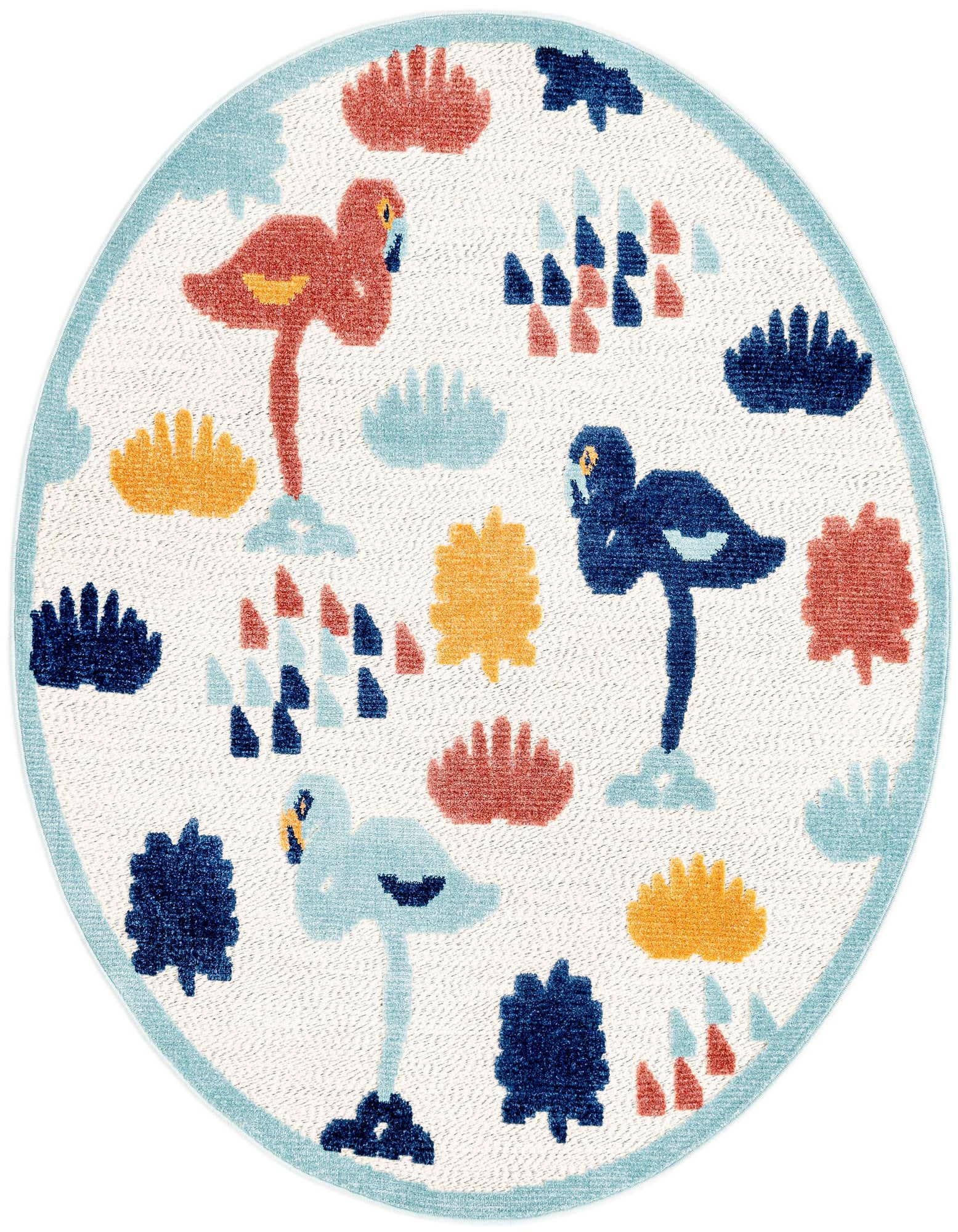 A round white rug with a playful coastal pattern featuring orange, blue, and light blue flamingos, abstract shapes, and coral-like designs, perfect for a patio.