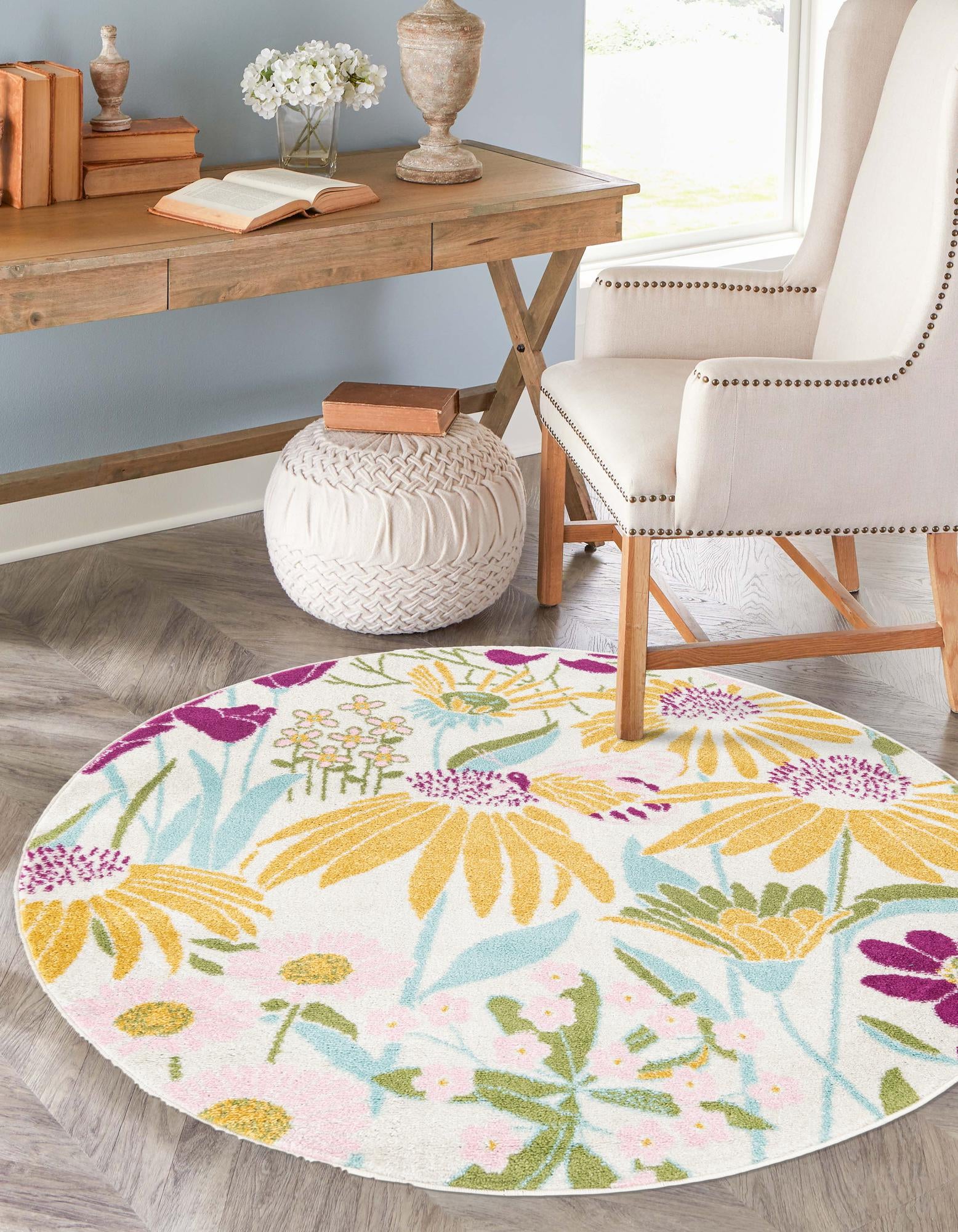 White 7' x 7' Bloom Round Rug | Rugs.com