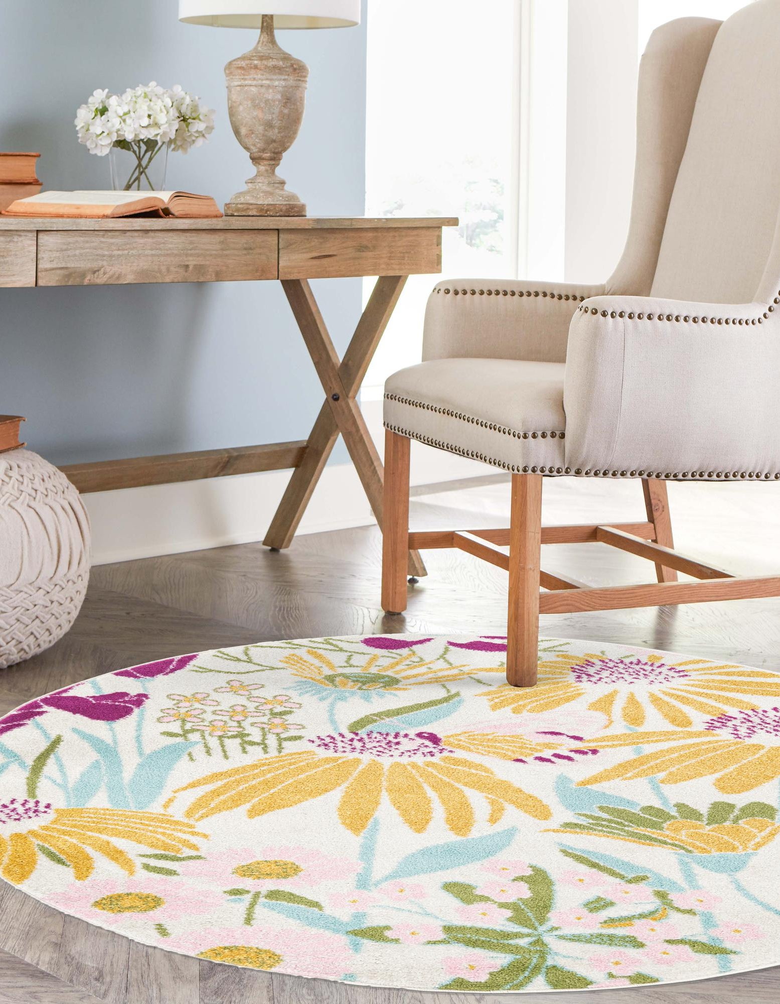 White 7' x 7' Bloom Round Rug | Rugs.com