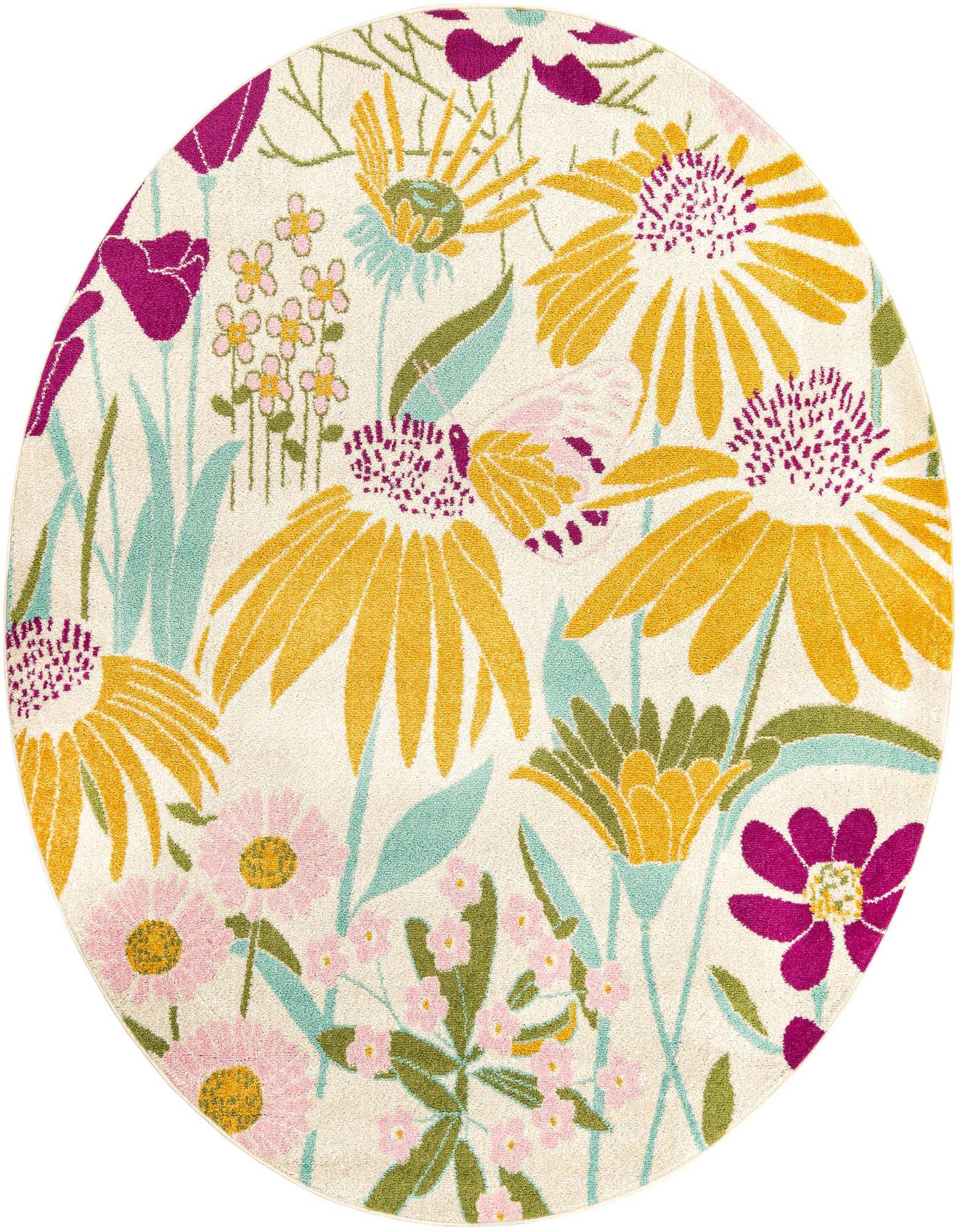 A round white rug with a vibrant modern floral pattern featuring large yellow, pink, and magenta flowers with green and teal leaves.