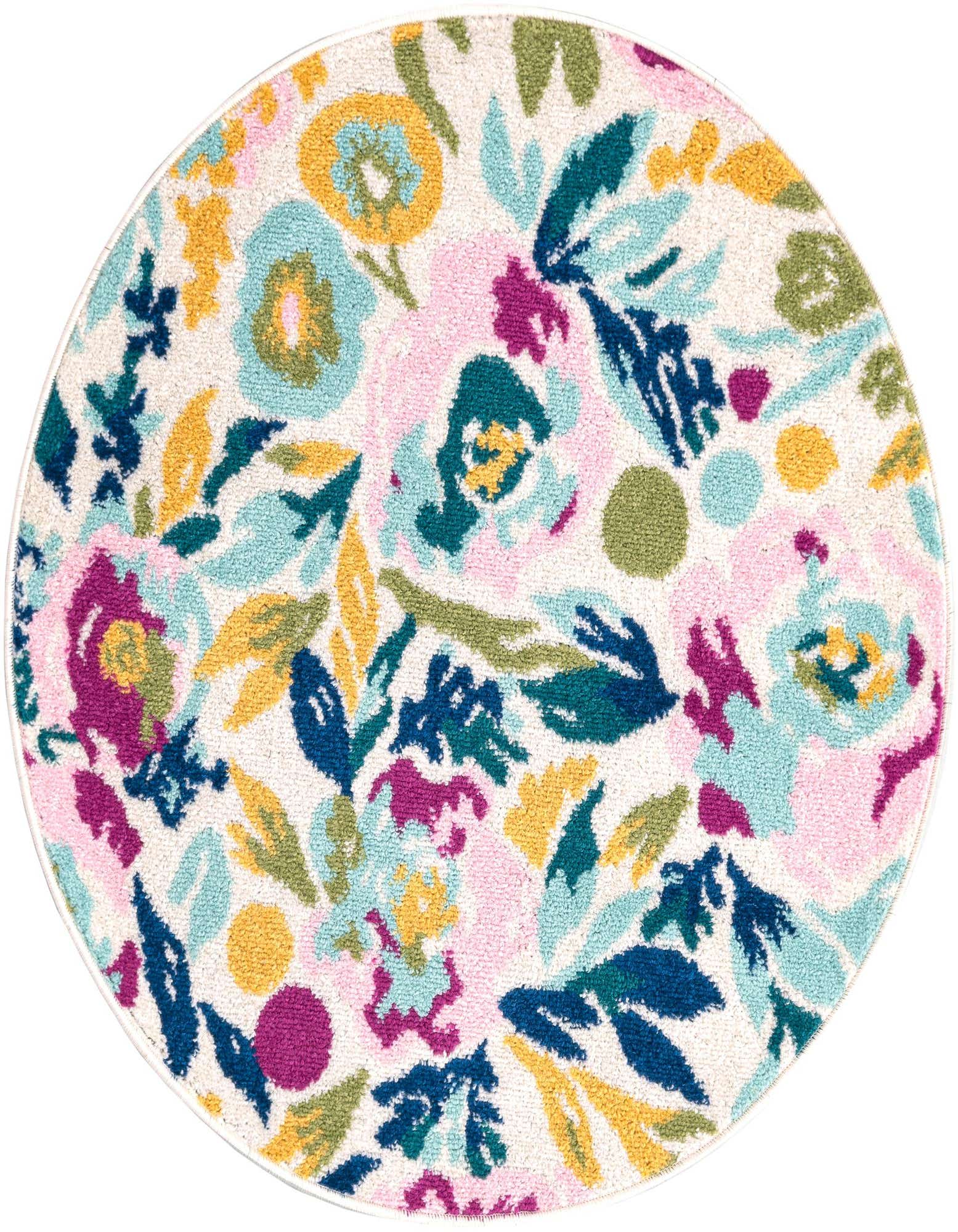 A 3' 3 x 3' 3 round white rug with a vibrant modern floral pattern in pink, blue, yellow, and green.
