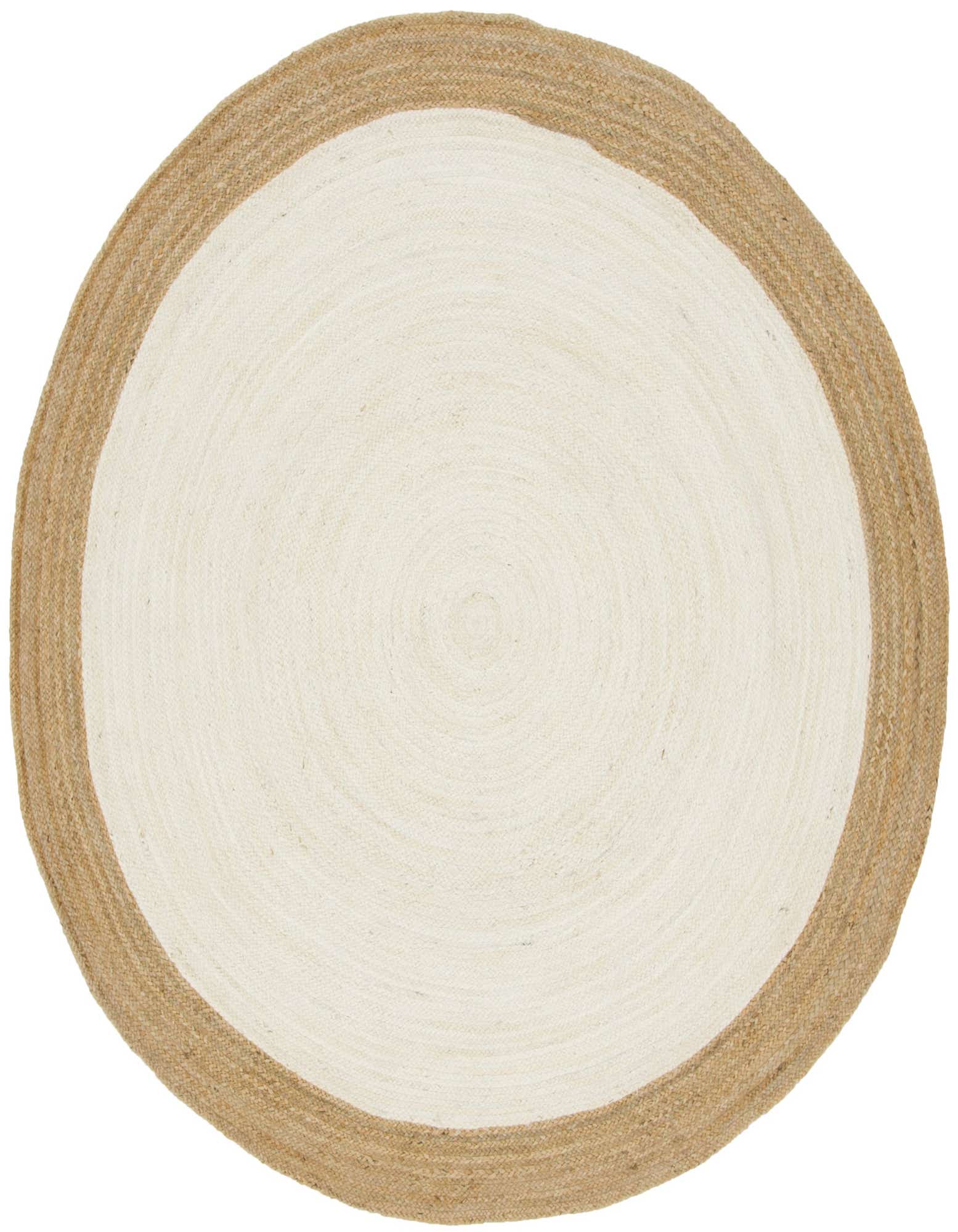 A round, 8' 0 x 8' 0 natural jute rug with a wide white center and a braided tan border.