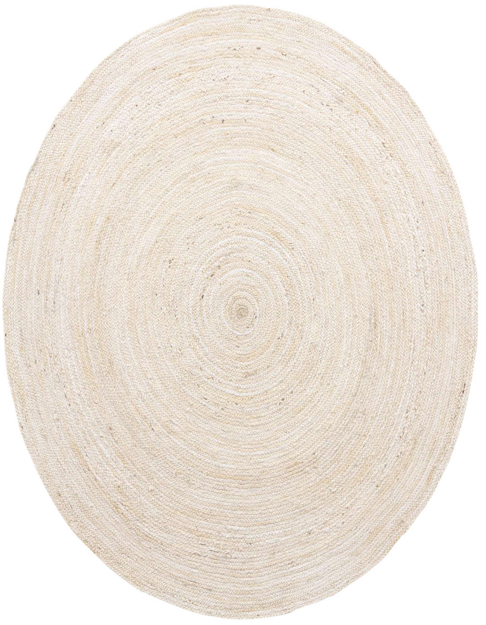 A round 8' 0 x 8' 0 white jute rug with a braided, textured, and minimalist design.