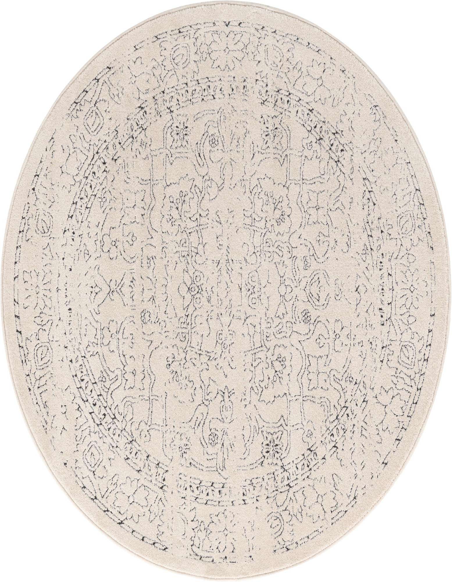 A round 5' 0 x 5' 0 white traditional rug with a distressed black medallion and floral pattern.