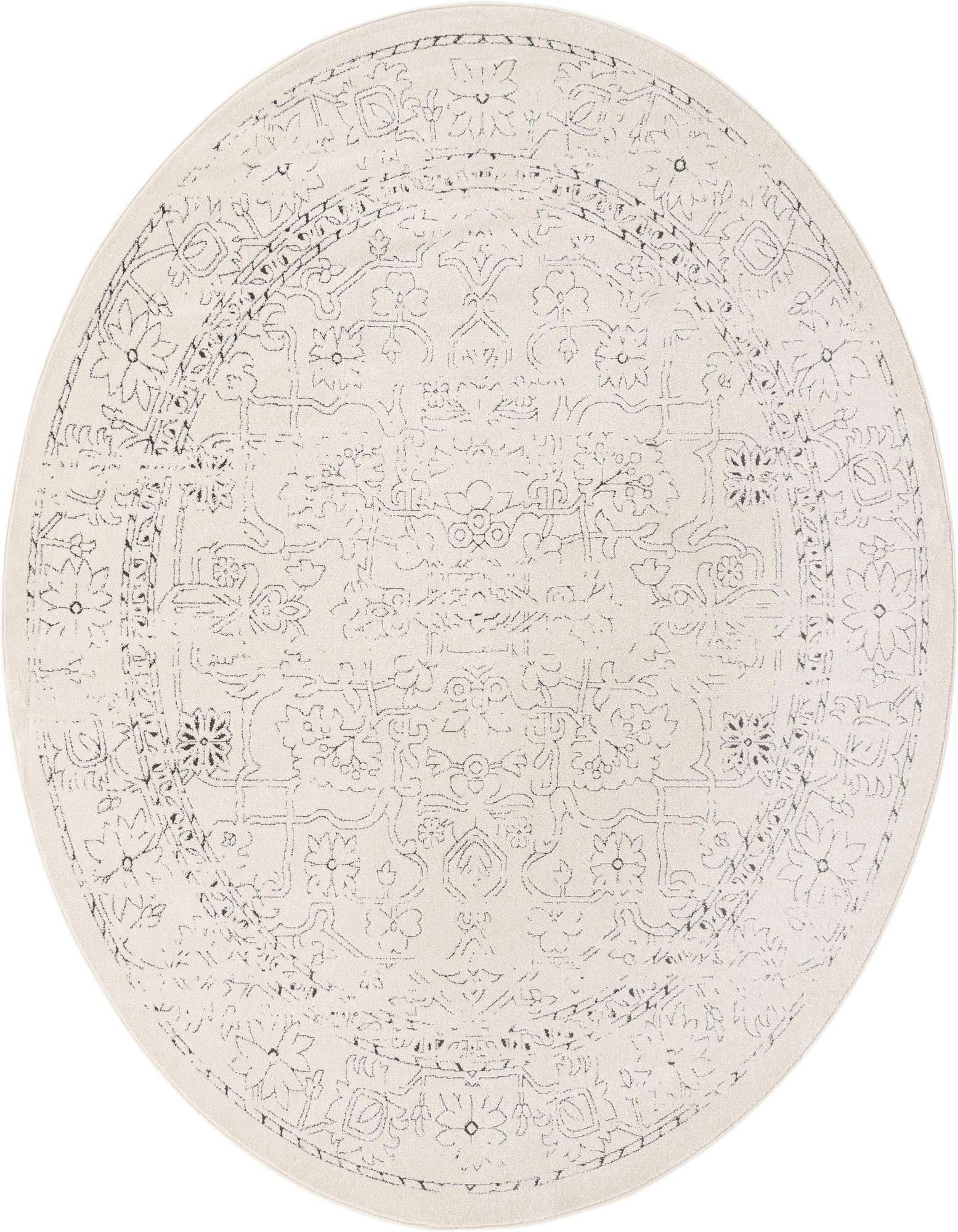 A 7' 10 round white area rug with a subtle distressed traditional medallion pattern in light gray.