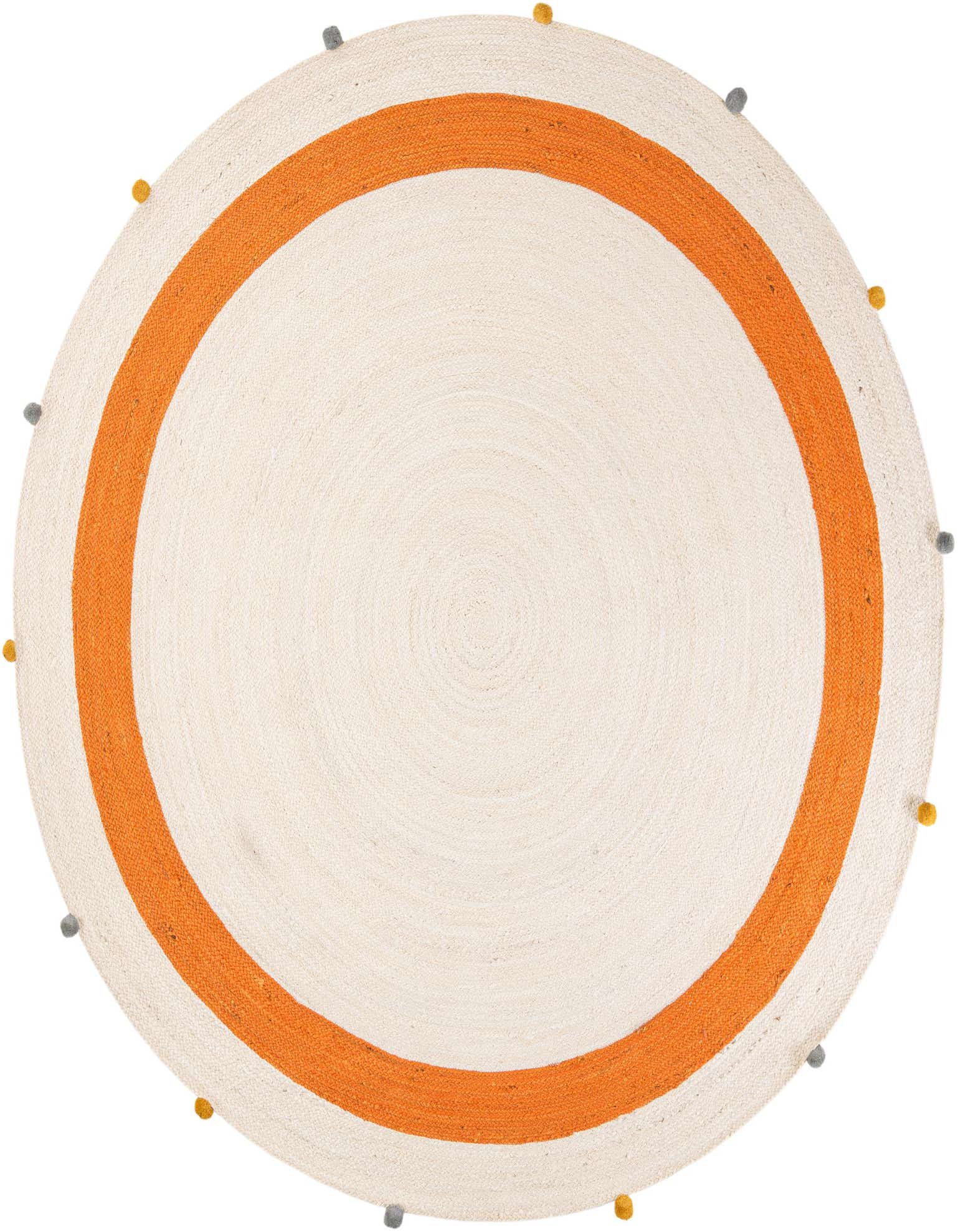 A round white braided rug with a thick orange border and small yellow and gray pom-poms around the edge.