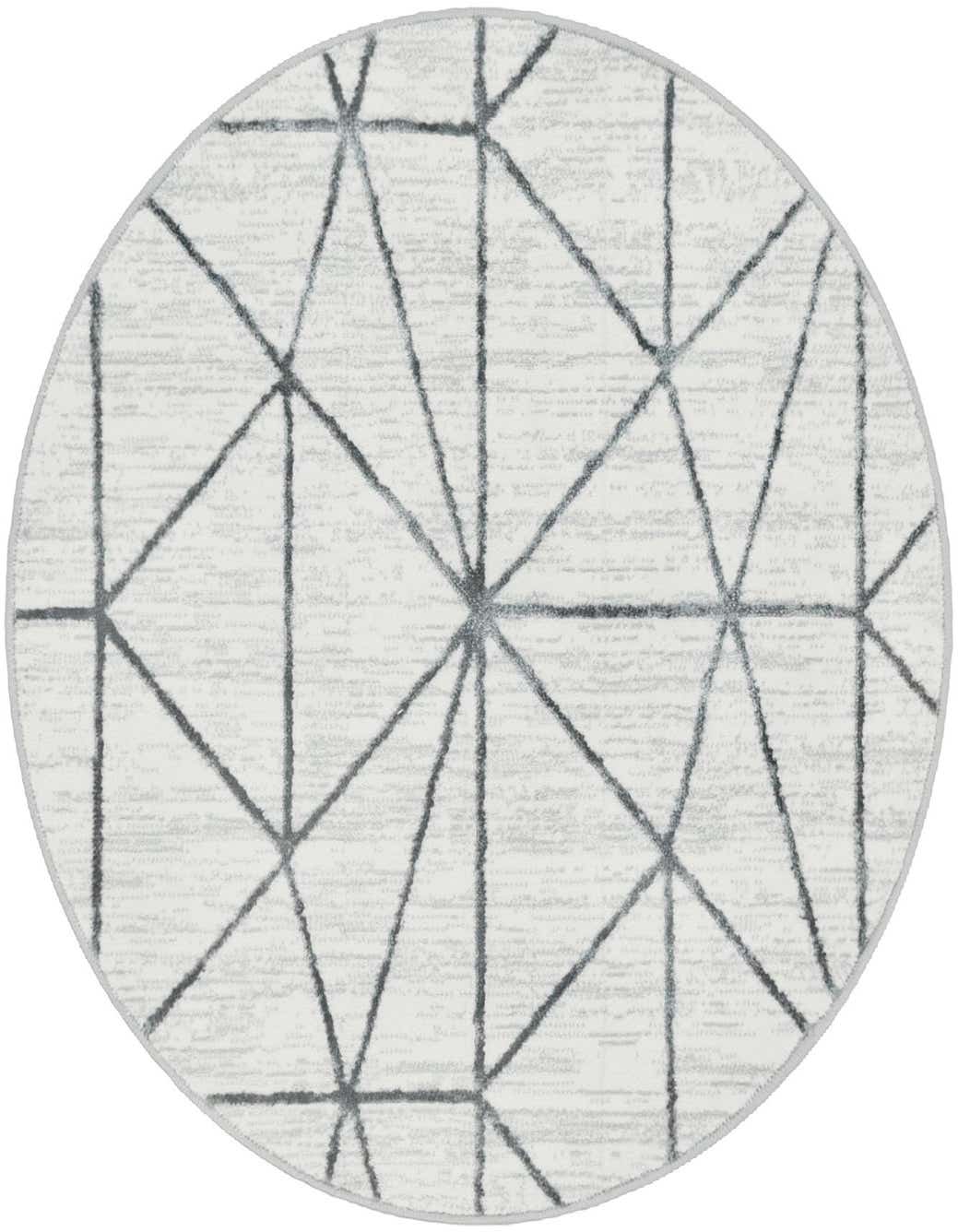 A 3' 3 x 3' 3 round white rug with a modern gray geometric trellis pattern, suitable for indoor spaces.