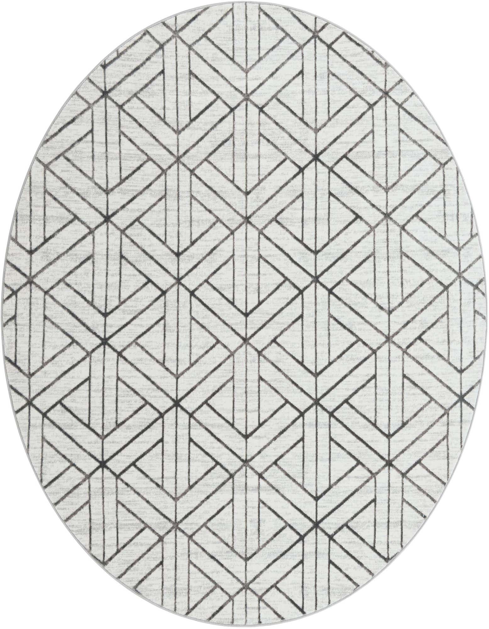 A round 8' 0 x 8' 0 white rug with a black geometric trellis pattern, suitable for modern indoor spaces.