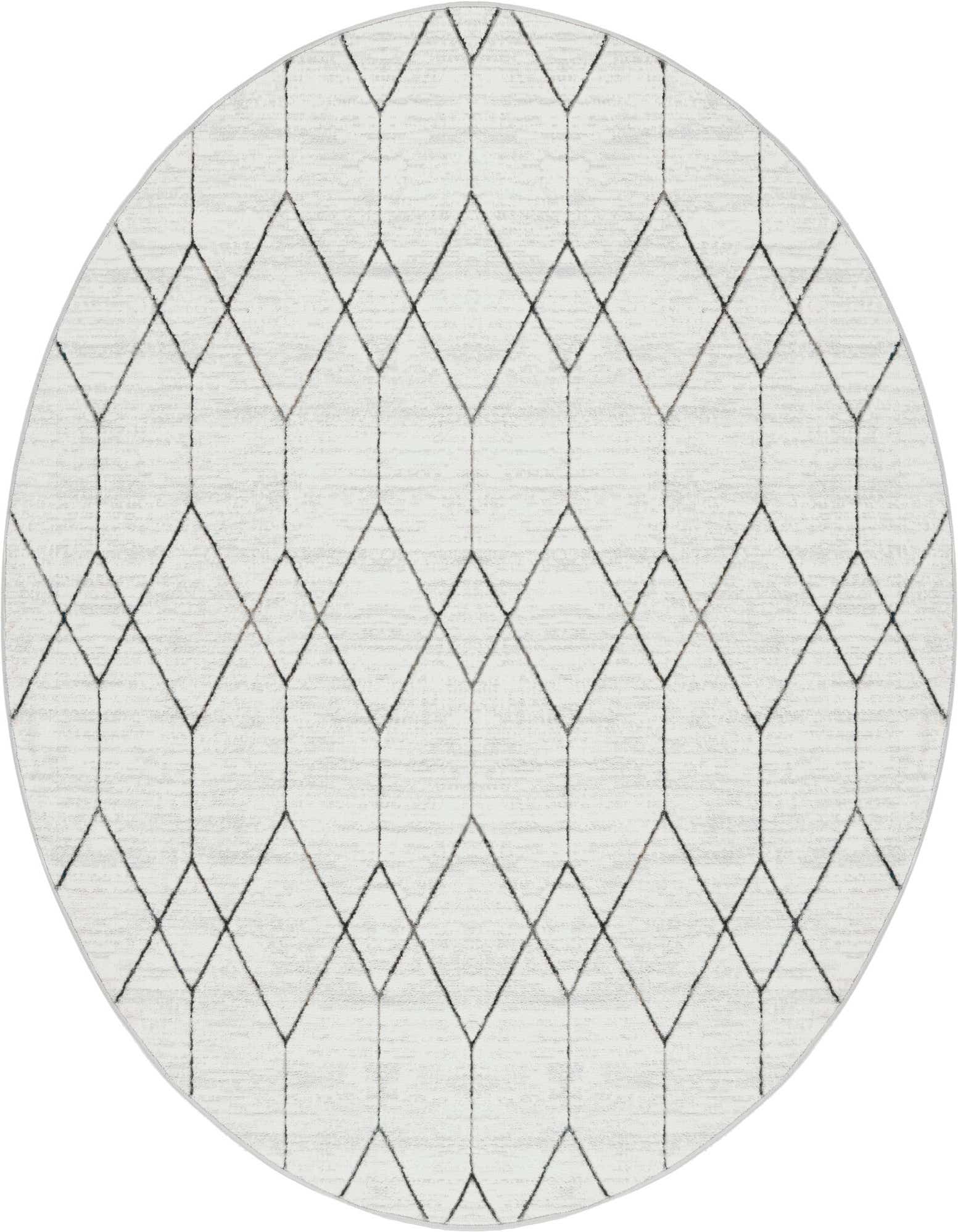 A round white area rug featuring a modern trellis pattern of interconnected black diamond shapes, suitable for various indoor spaces.
