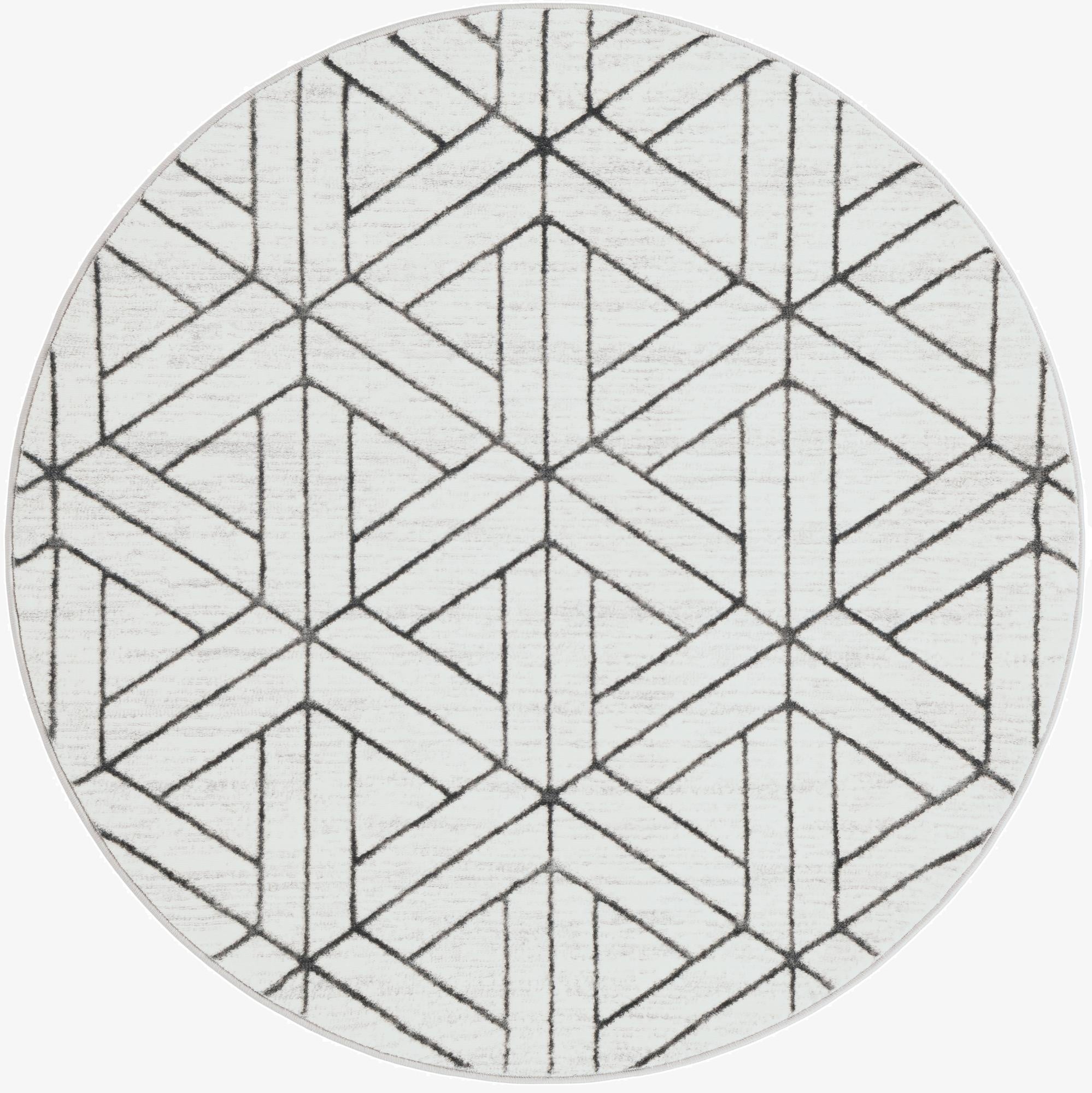 A 5' 0 x 5' 0 round white area rug featuring a modern black geometric trellis pattern, ideal for indoor spaces.