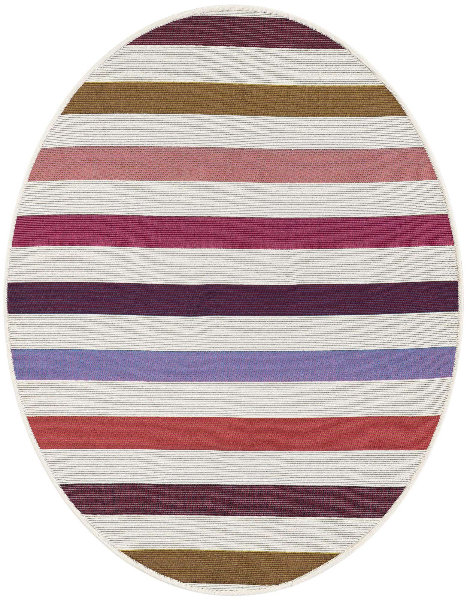 A 3' round white rug with horizontal stripes in various colors including pink, purple, red, and brown, suitable for indoor or outdoor use.