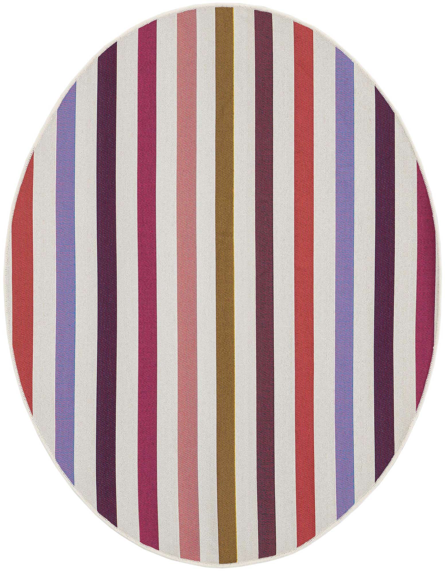 A 4' round white rug with vertical stripes in various colors, including red, purple, pink, and brown, suitable for a patio.