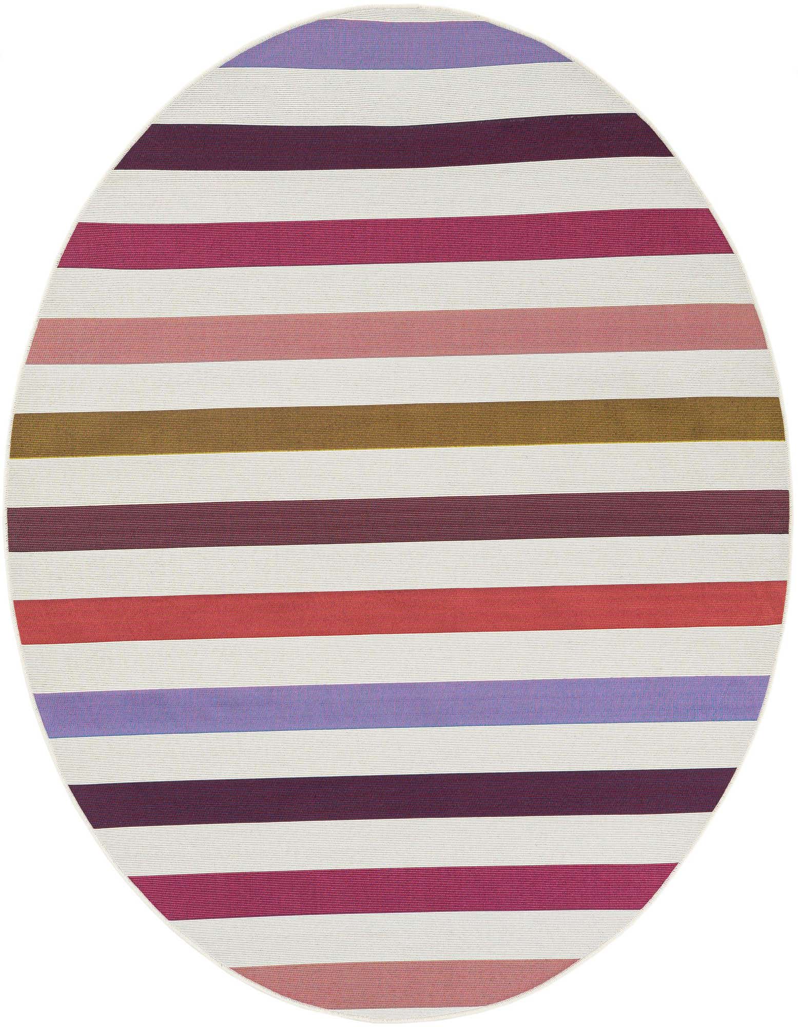 A 6' round indoor/outdoor rug with horizontal stripes in white, purple, pink, red, and olive green.