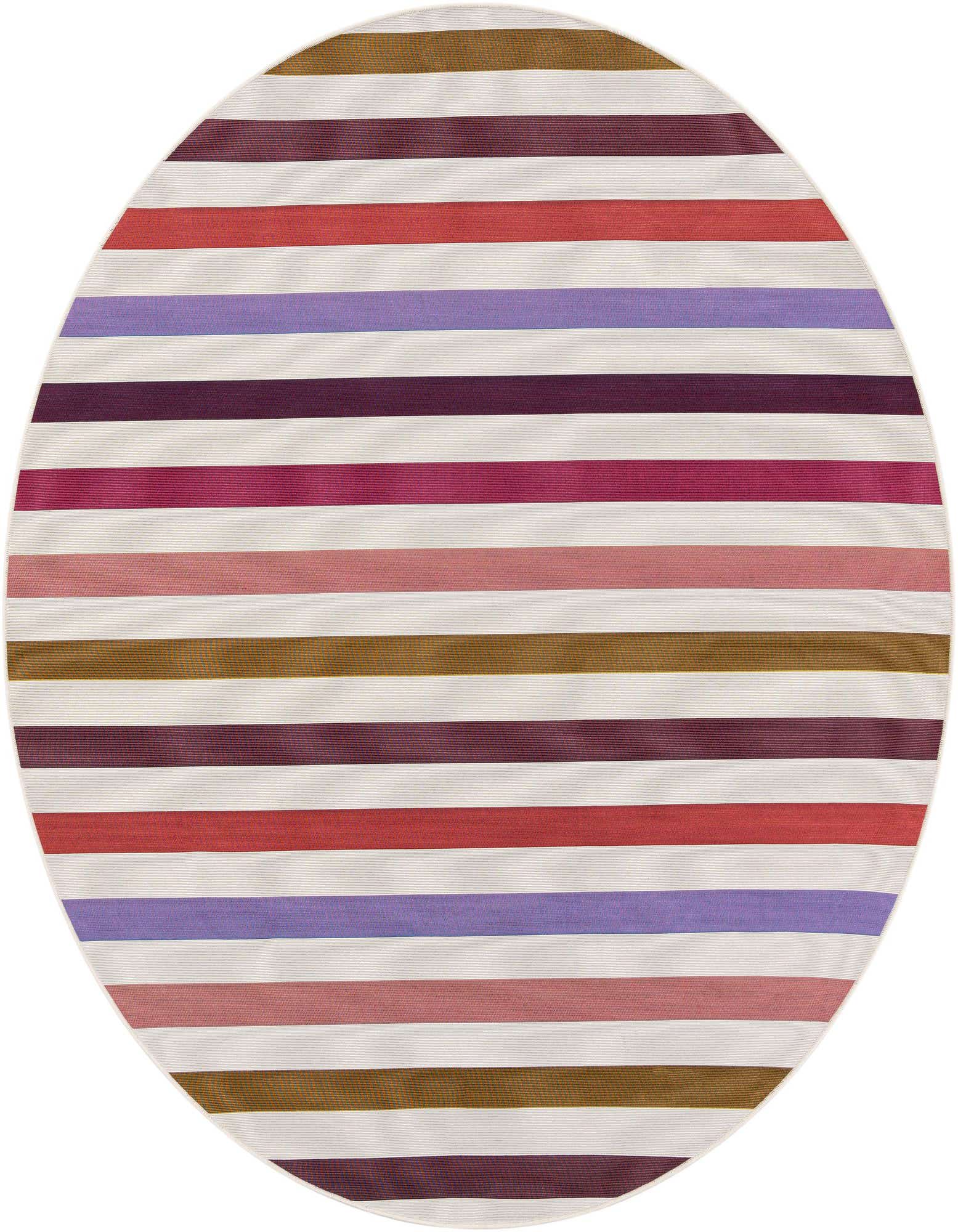 A round 7' 10 x 7' 10 indoor/outdoor rug featuring modern horizontal stripes in white, red, purple, pink, and brown.
