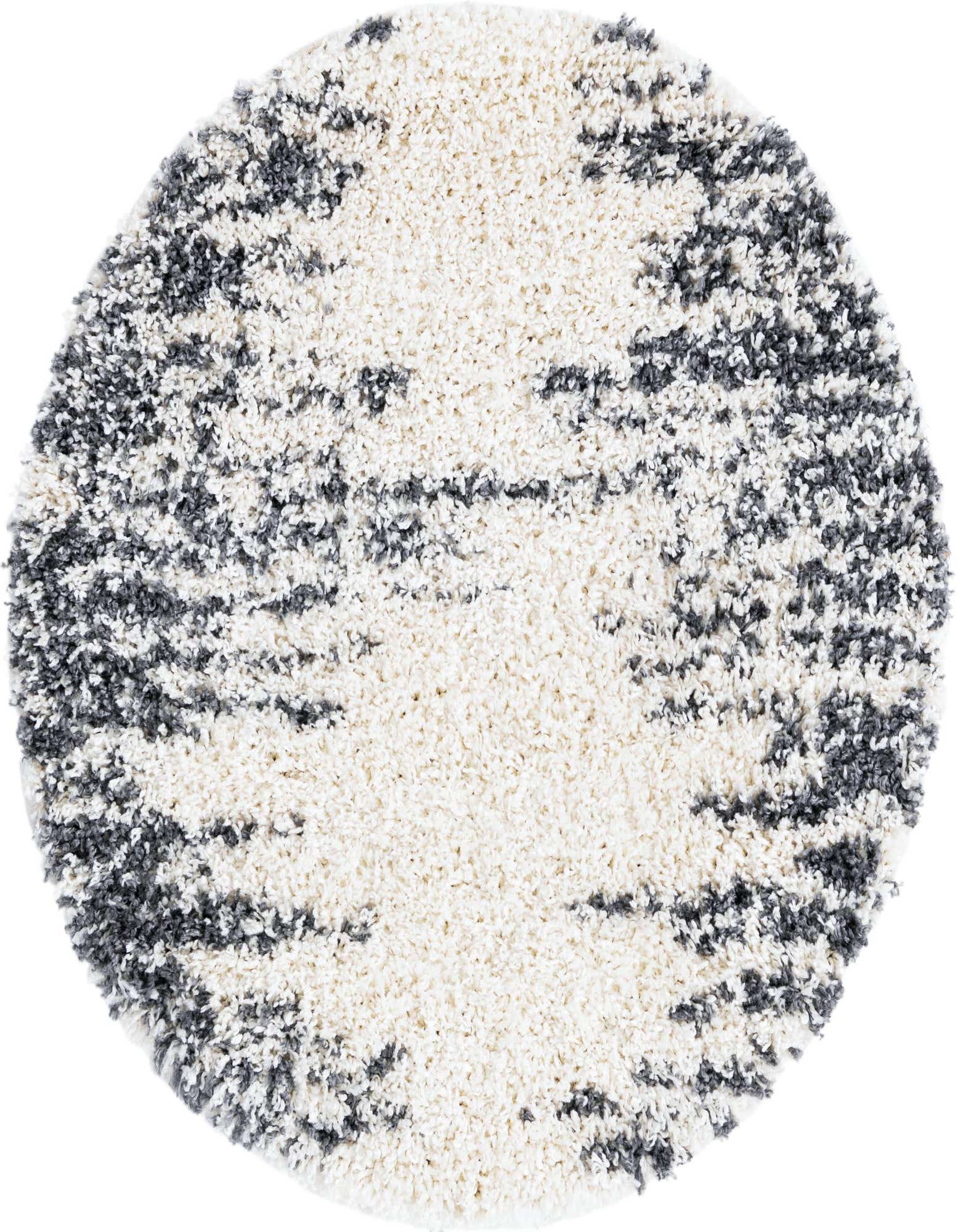 A round white shag rug with abstract charcoal gray patterns, showcasing its plush texture.