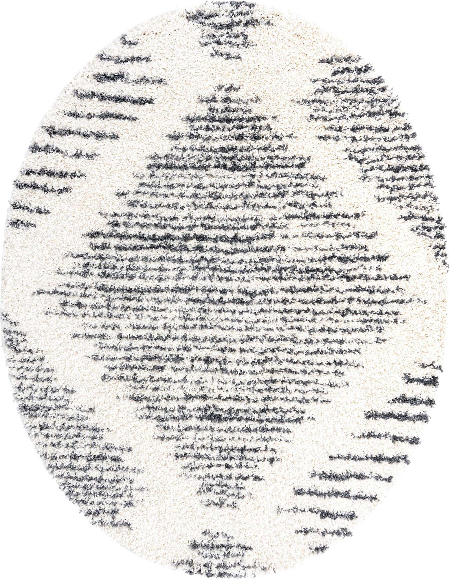 A round white shag rug with a modern industrial trellis pattern in charcoal grey, offering soft texture.