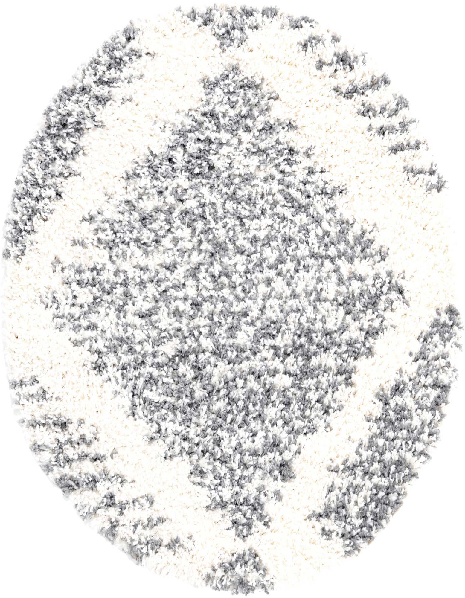 Round white shag rug with a subtle gray trellis pattern, offering a soft, modern accent for any indoor space.