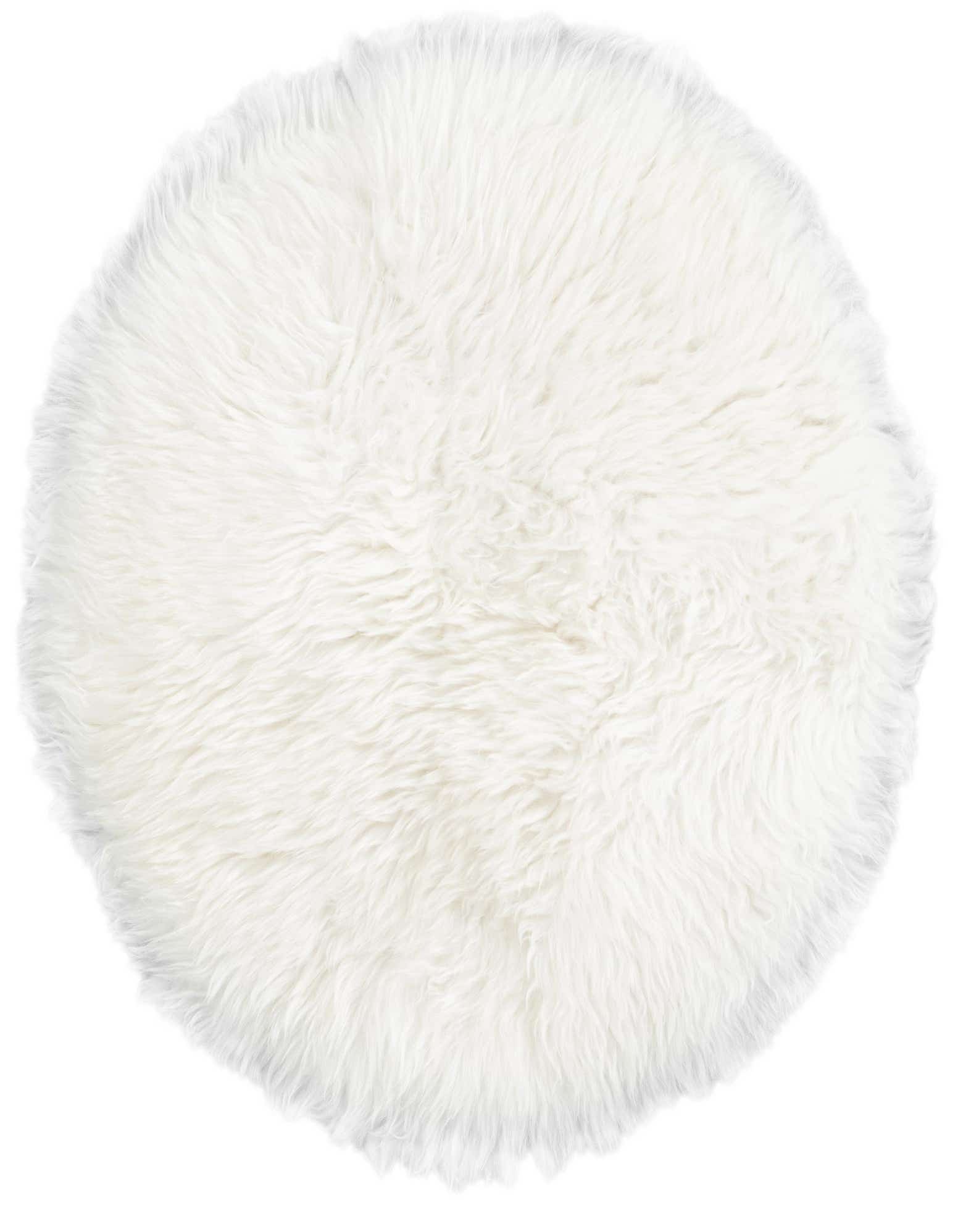 A soft, round white lambskin rug with a medium, shaggy pile, perfect for adding texture to any indoor space.