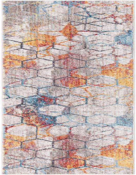 A white, orange, and blue modern abstract runner rug with a geometric honeycomb pattern, ideal for hallways.