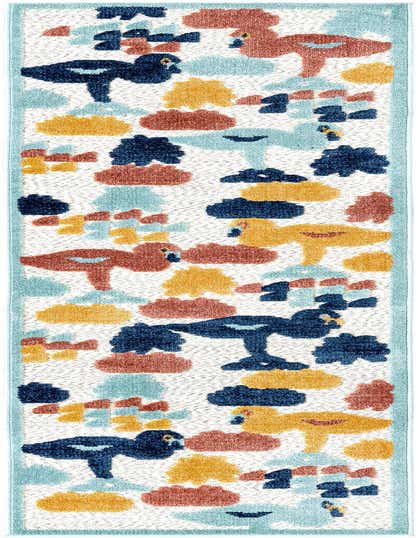 A 10 ft runner rug featuring a playful, abstract pattern of colorful birds and shapes in white, blue, orange, and yellow, with a light blue border.