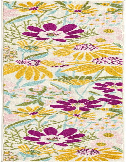 A white 8 ft runner rug with a vibrant modern floral pattern featuring large magenta, yellow, and light pink flowers with green and light blue leaves.
