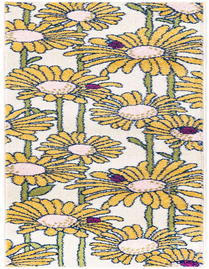 A 6 ft runner rug with a vibrant modern floral pattern of yellow daisies with pink centers and green stems on a white background, suitable for a hallway or kitchen.