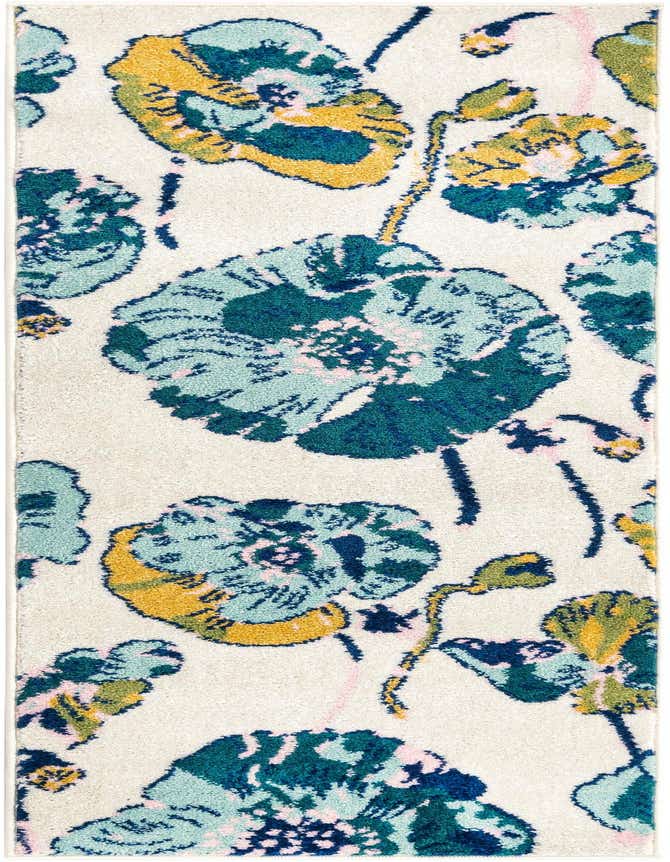 A 6 ft runner rug with a modern floral pattern on a white background, featuring large teal, blue, and yellow flowers with pink accents.