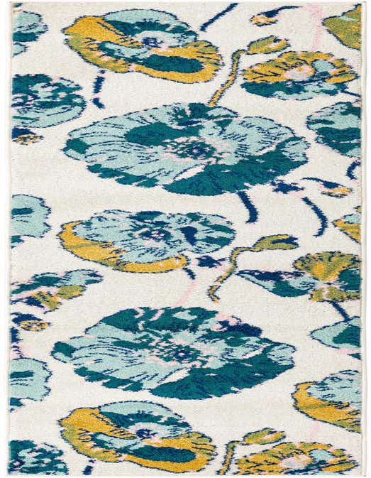 A white 8 ft runner rug with a modern floral pattern in shades of teal, light blue, and yellow.