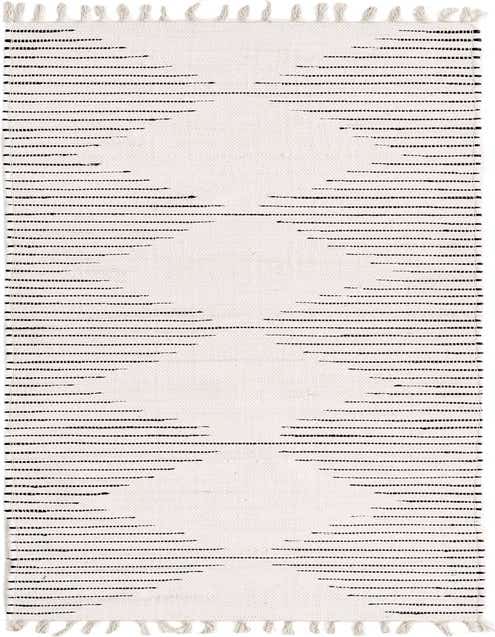 A 10 ft white cotton runner rug with black dashed horizontal lines in a tribal pattern and fringed ends.